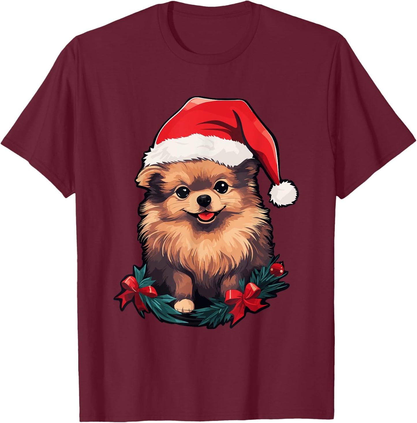 Cute Pomeranian Dog Christmas Santa Hat Xmas Pajama Women Kids T-Shirt - T-Shirt | Maroon