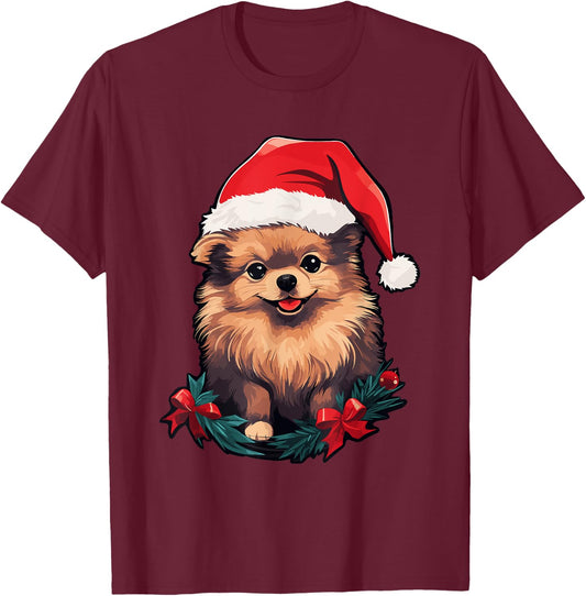 Cute Pomeranian Dog Christmas Santa Hat Xmas Pajama Women Kids T-Shirt - T-Shirt | Maroon