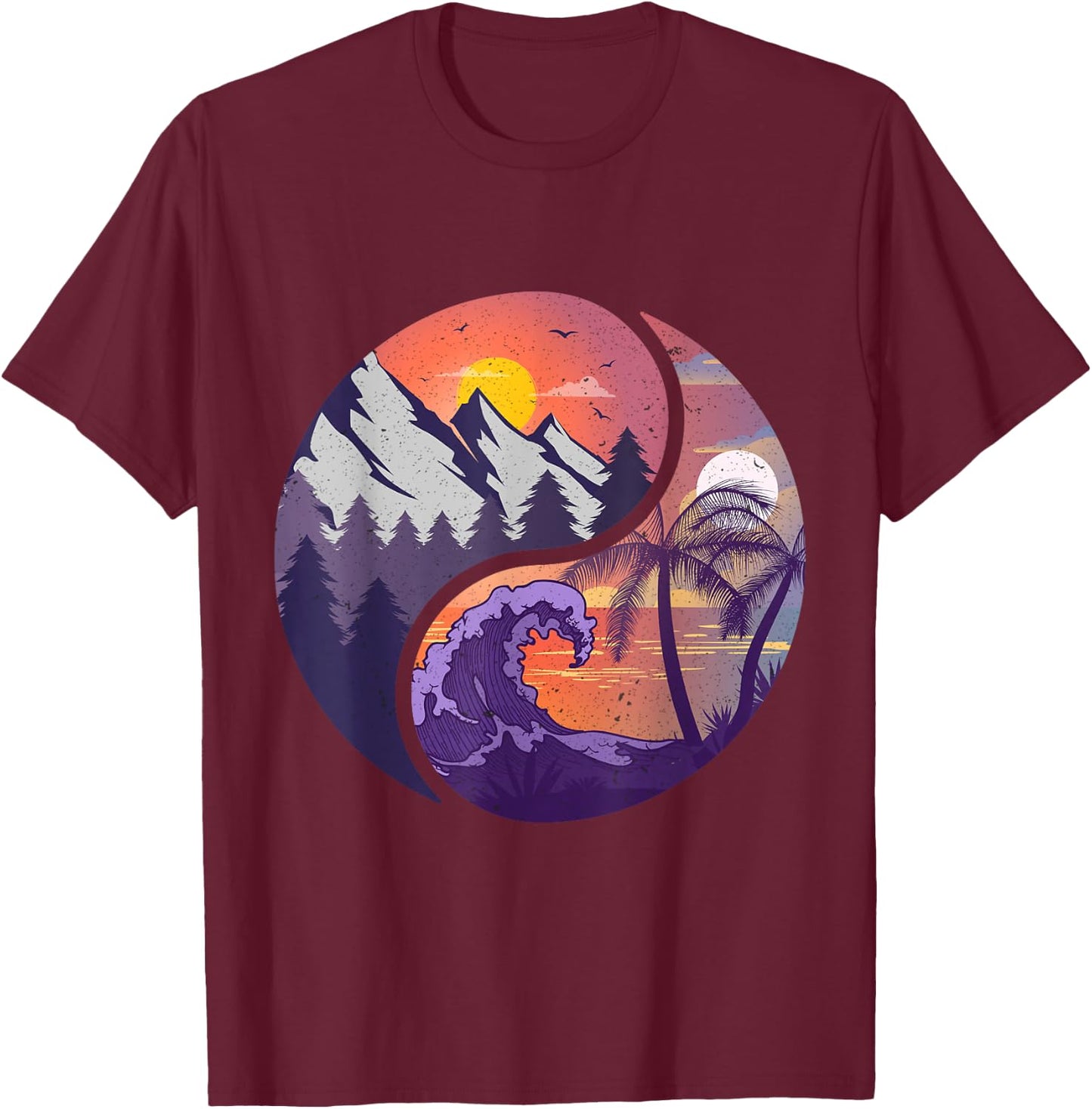 Yin Yang Mountains & Beachscapes T-Shirt - T-Shirt | Maroon