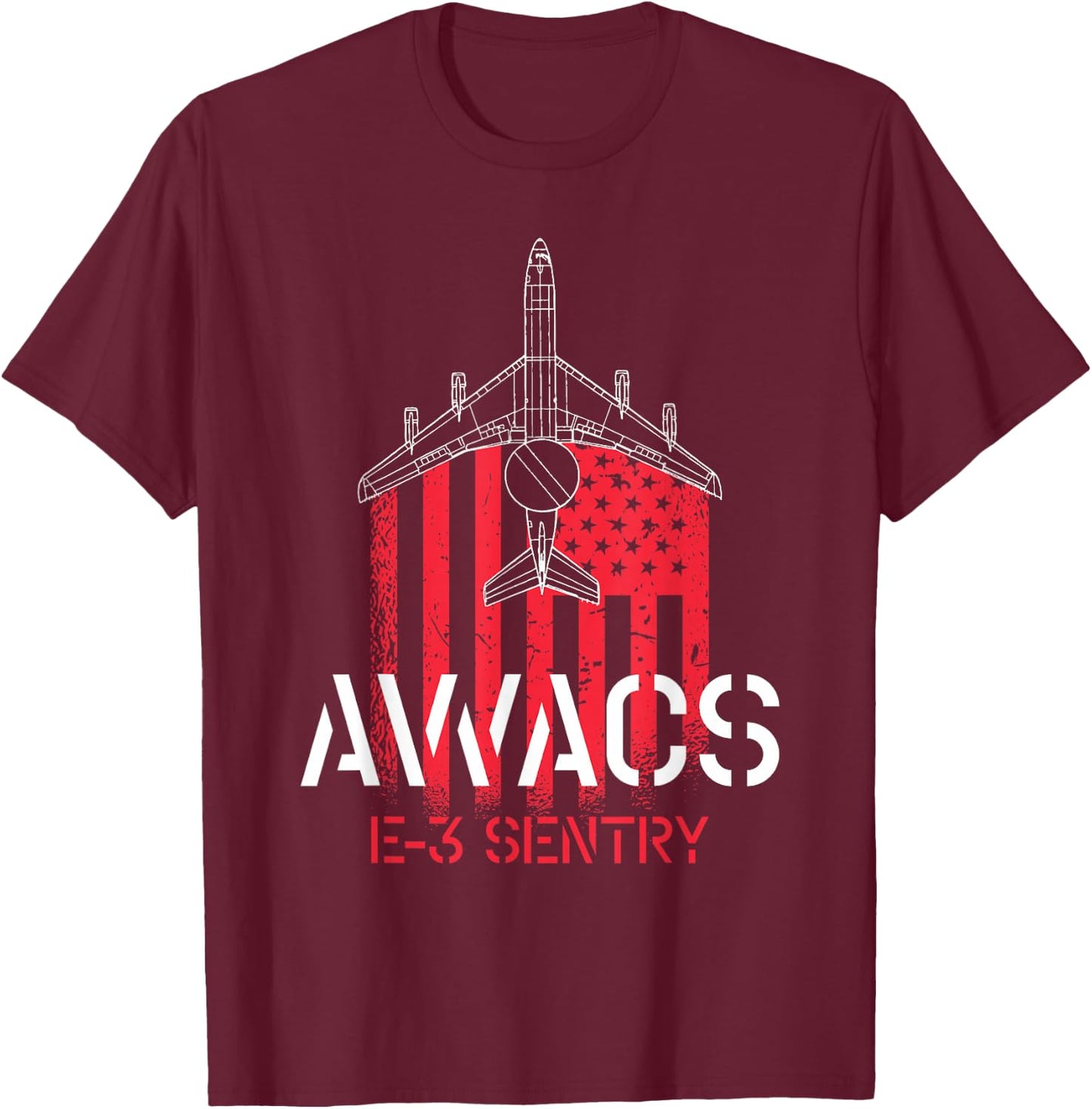 E-3 Sentry AWACS - US Flag Military Airplane Pilot T-Shirt - T-Shirt | Maroon
