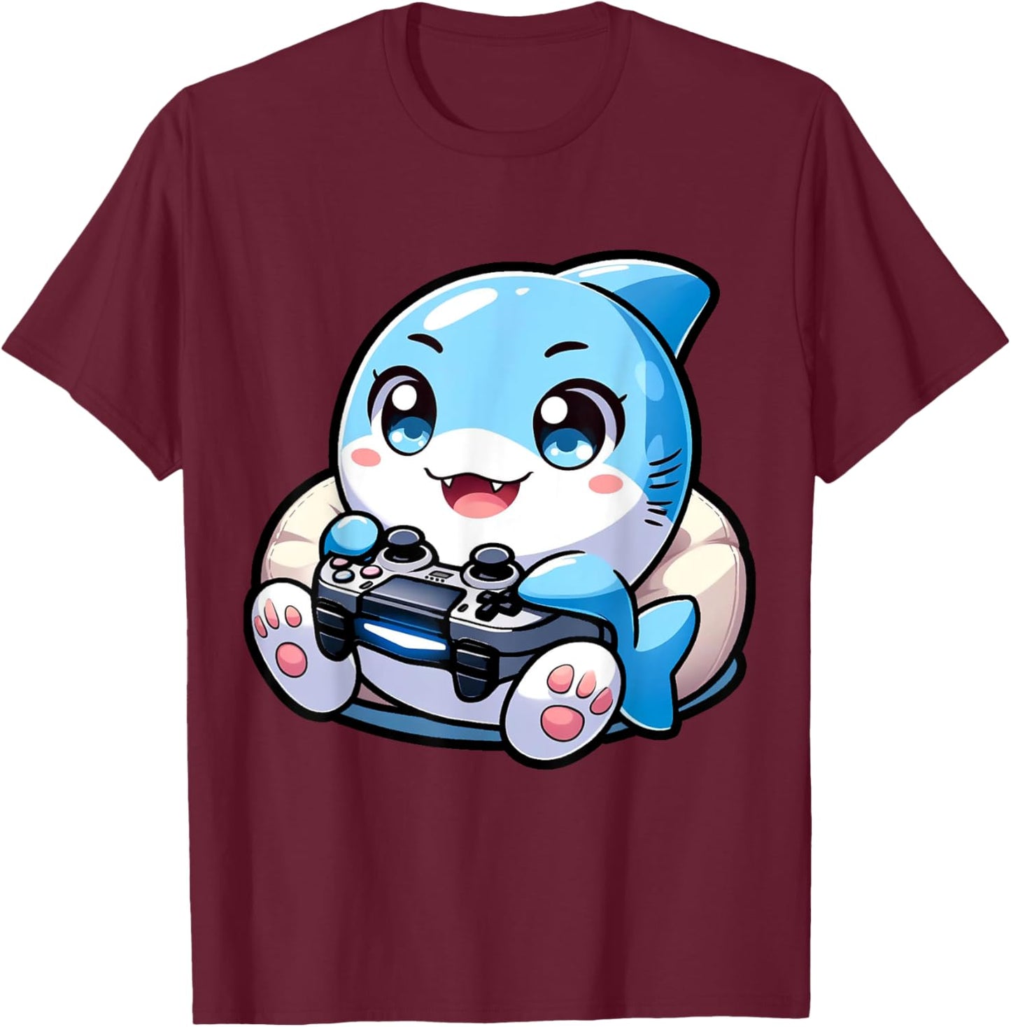 Cute Shark Playing Console Video Games - Shark Gaming T-Shirt - T-Shirt | Maroon