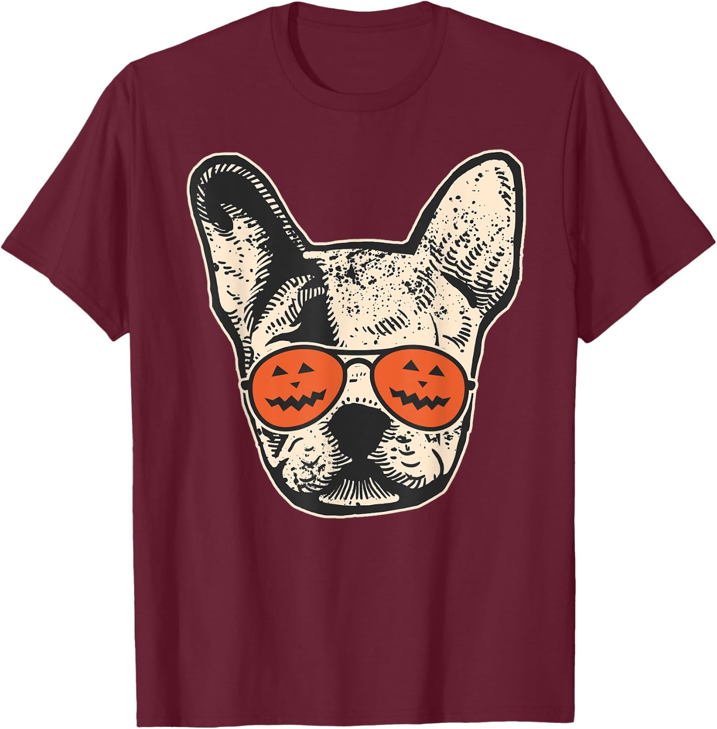Frenchie in Pumpkin Sunglasses - French Bulldog Halloween T-Shirt - T-Shirt | Maroon
