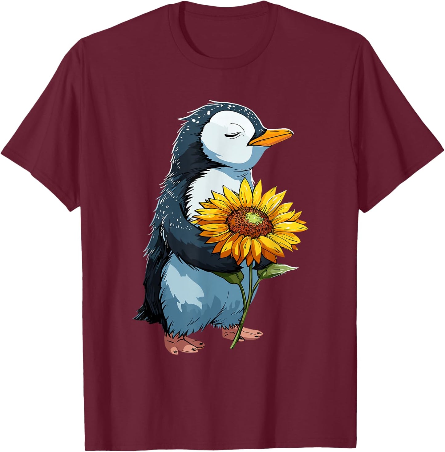 Penguin Holding Sunflower Cute Penguin Lover T-Shirt - T-Shirt | Maroon