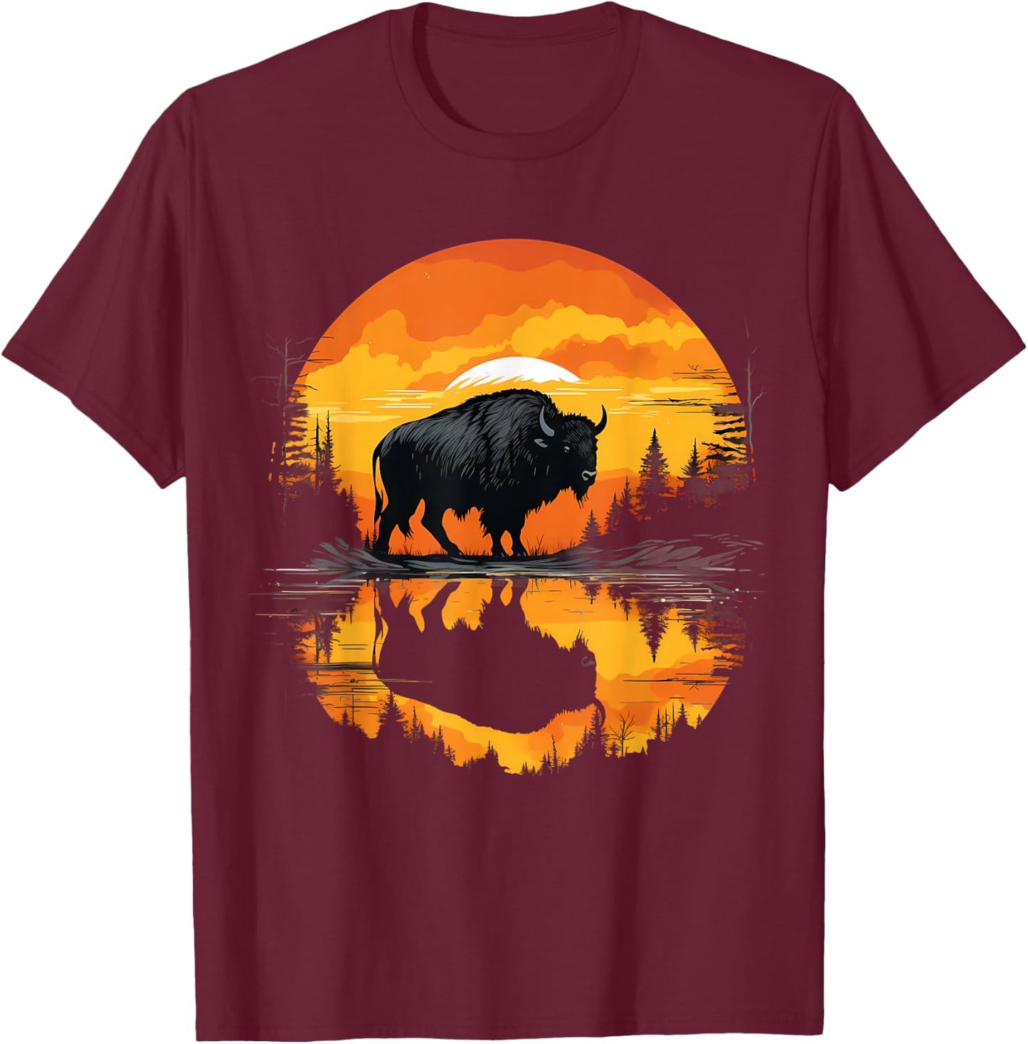 Buffalo Sunset Wildlife Safari Nature Bison Motif Savanna T-Shirt - T-Shirt | Maroon
