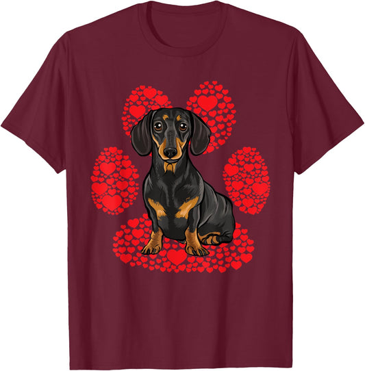 Black Dachshund Valentines Day Dog Love Paw Women Kids T-Shirt - T-Shirt | Maroon