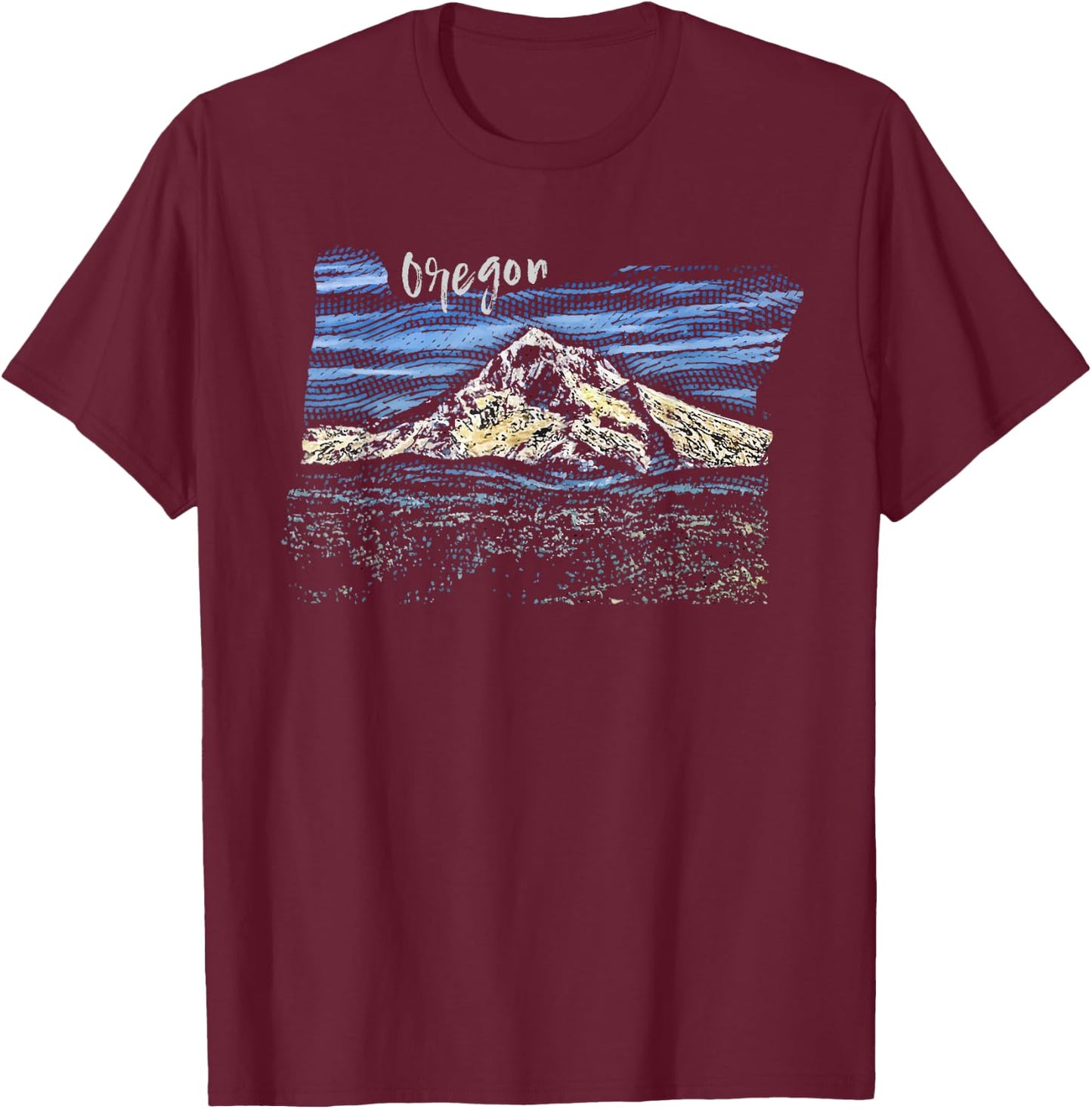 Mt. Hood Oregon Hand Drawn Engraving T-Shirt - T-Shirt | Maroon