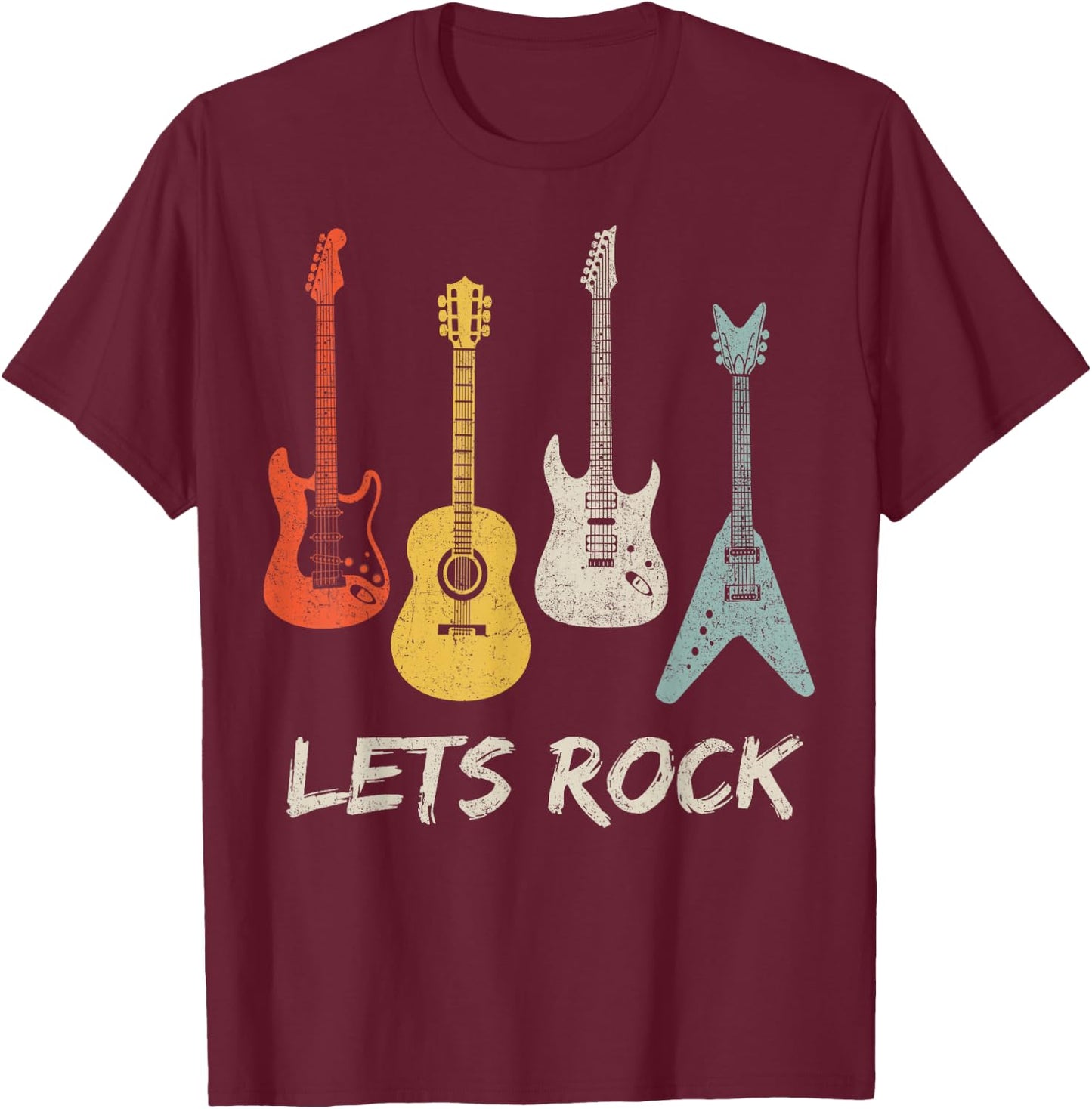 Lets Rock Rock n Roll Guitar Retro Gift Men Women Shirt T-Shirt - T-Shirt | Maroon