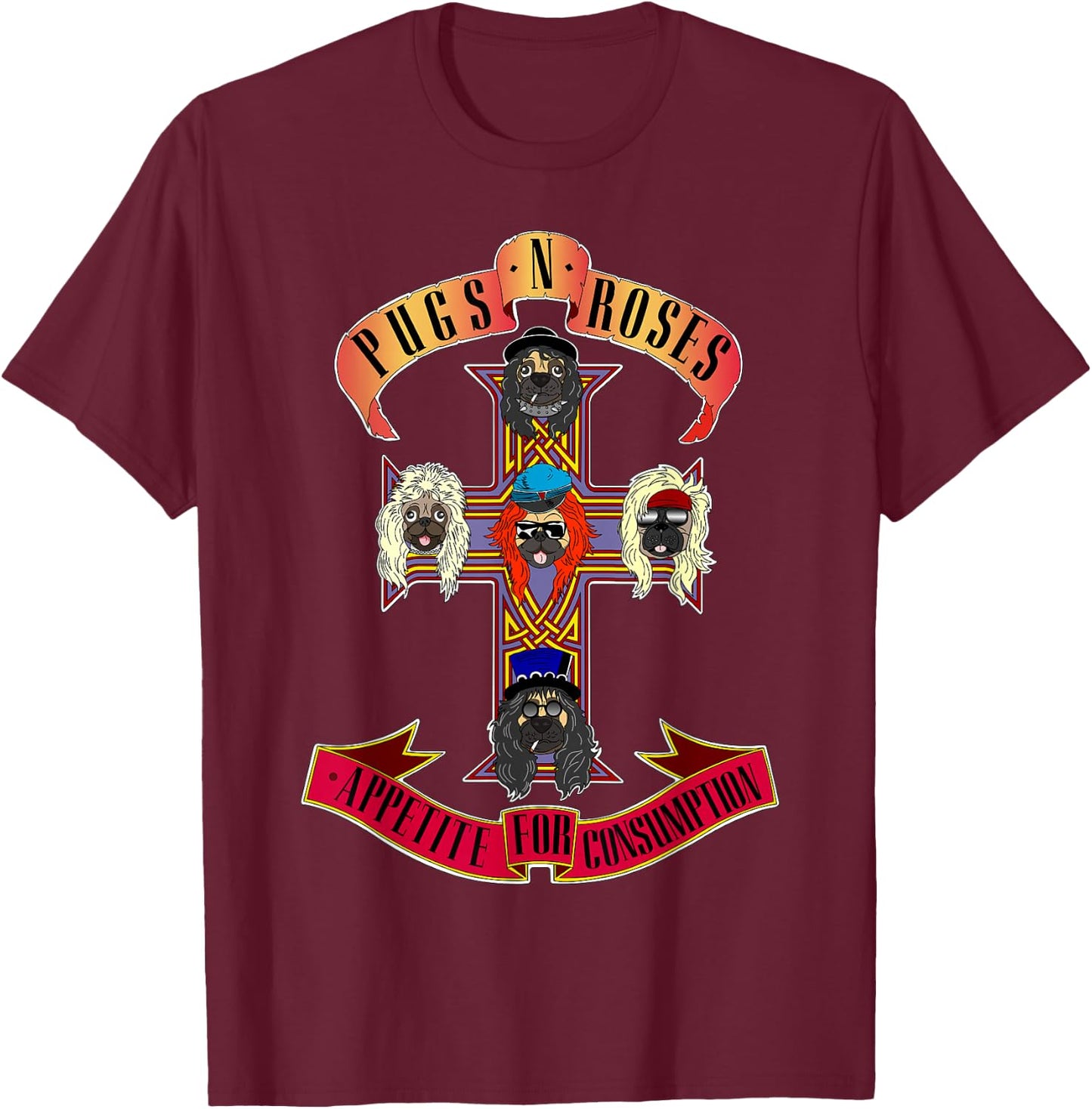Pugs & Roses Funny Classic Rock And Roll Lover Pug Owner T-Shirt - T-Shirt | Maroon