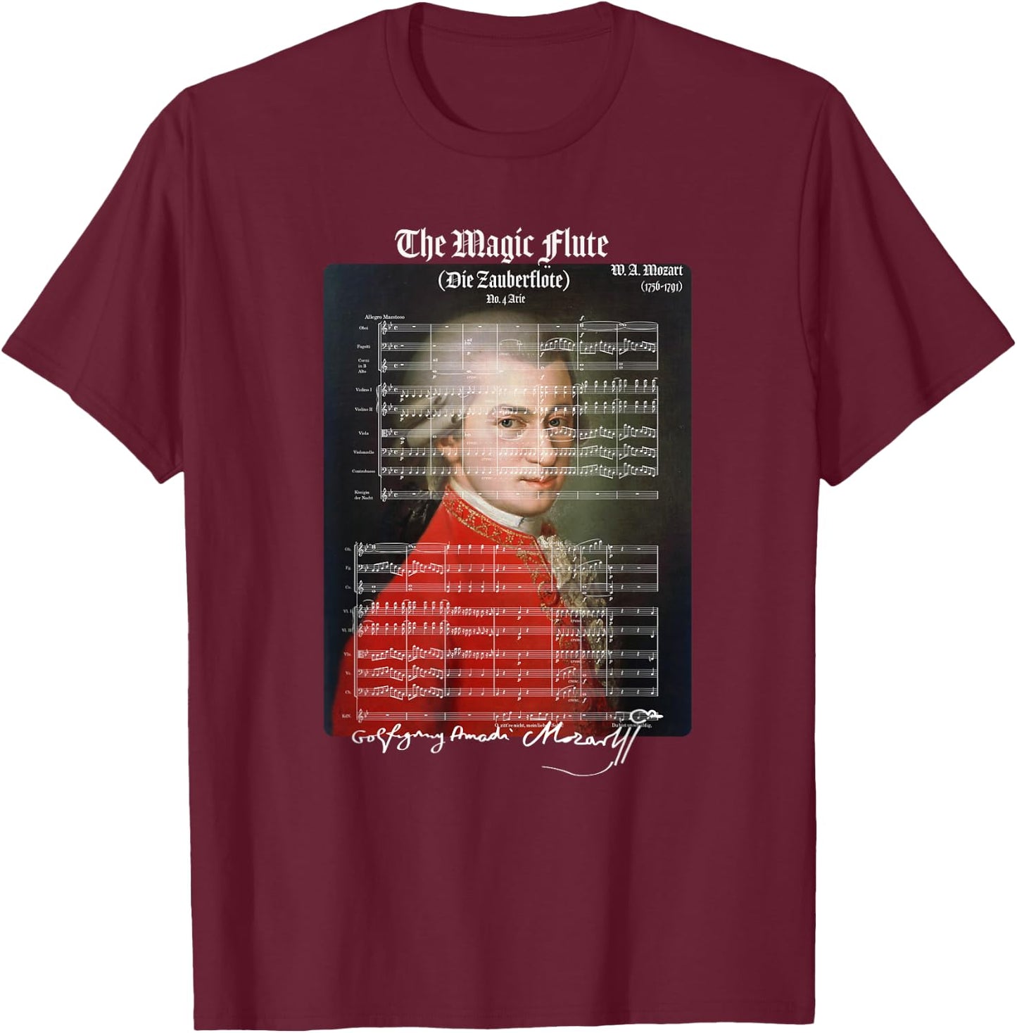 Mozart Lovers The Magic Flute Aria 4 Design T-Shirt - T-Shirt | Maroon