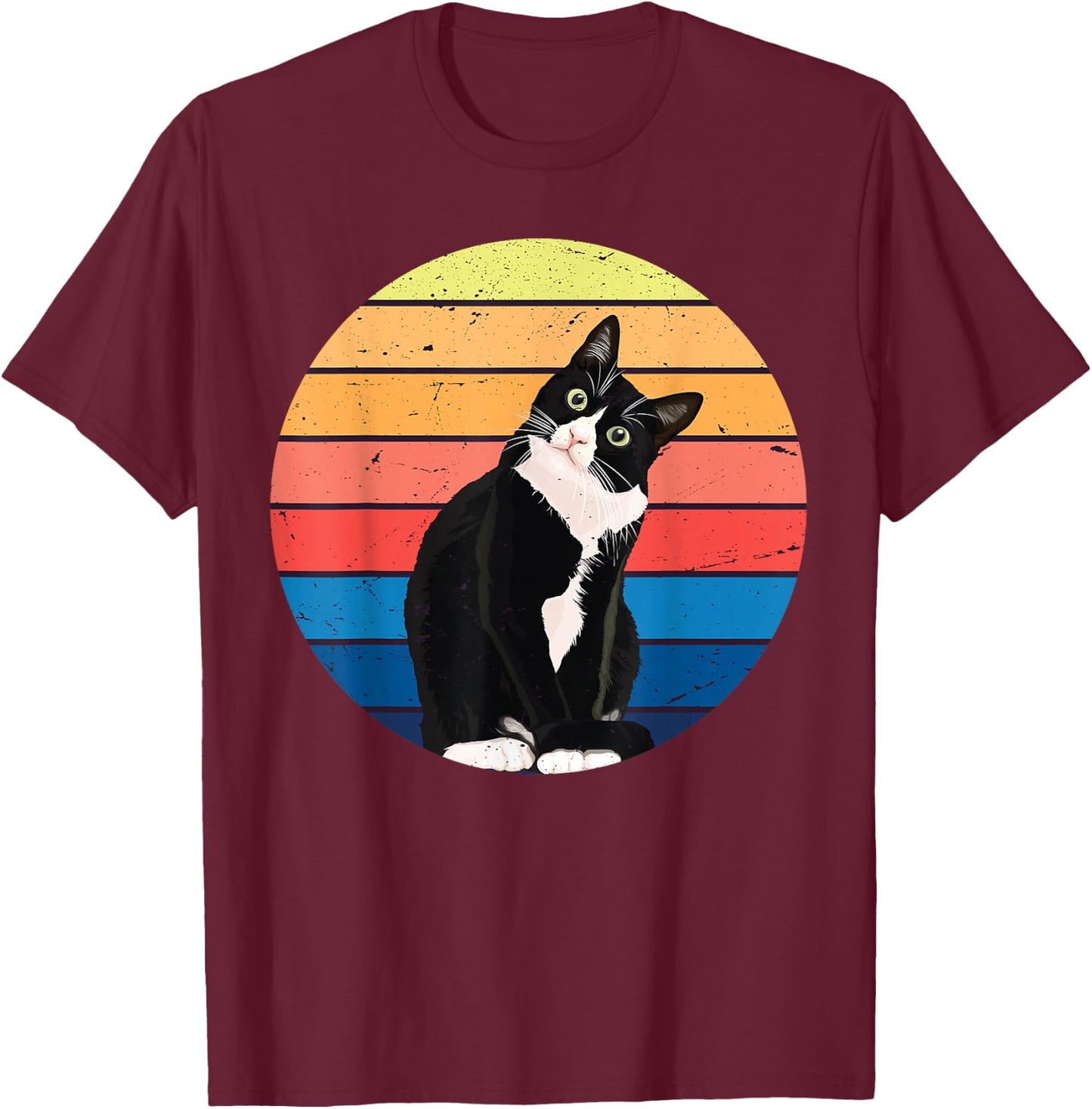 Tuxedo Cat Gift Retro Colors for Animal Lovers T-Shirt - T-Shirt | Maroon