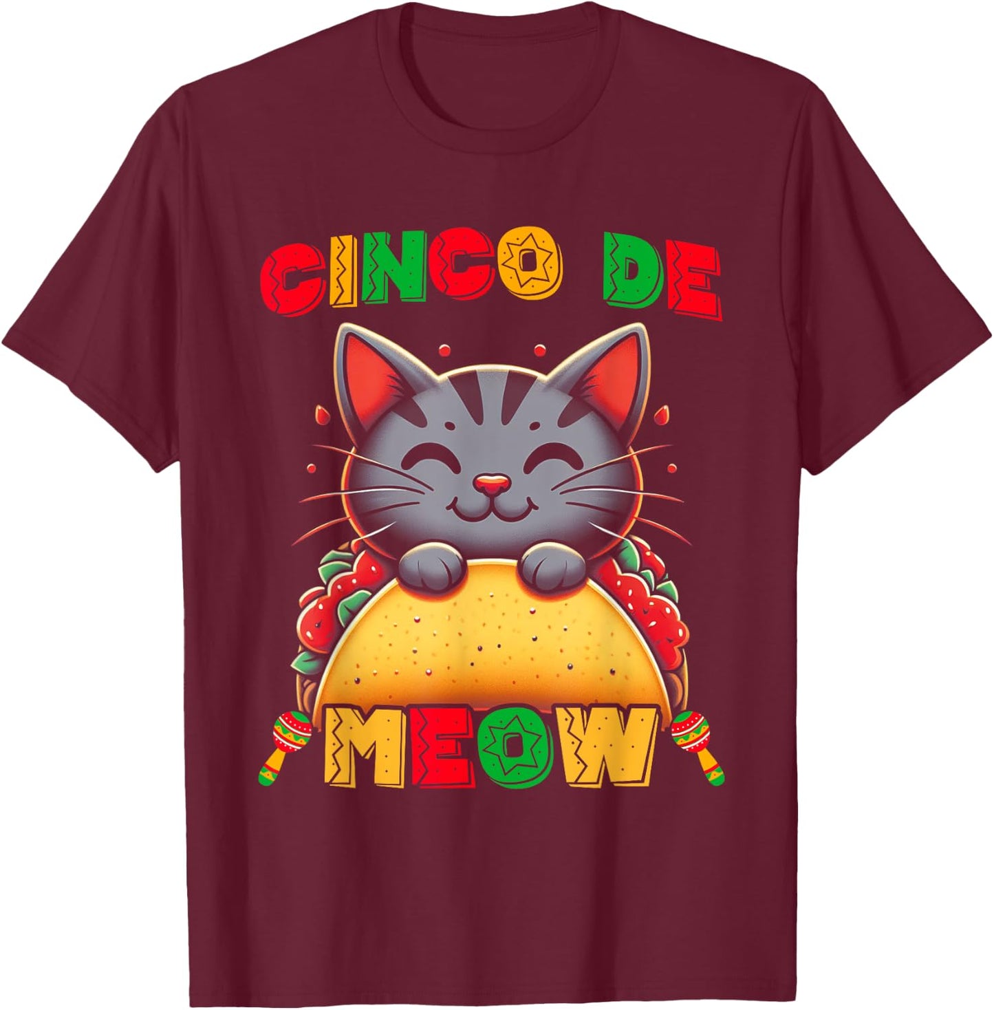 Cinco De Meow Funny Cinco De Mayo Cat Men Women Kids T-Shirt - T-Shirt | Maroon