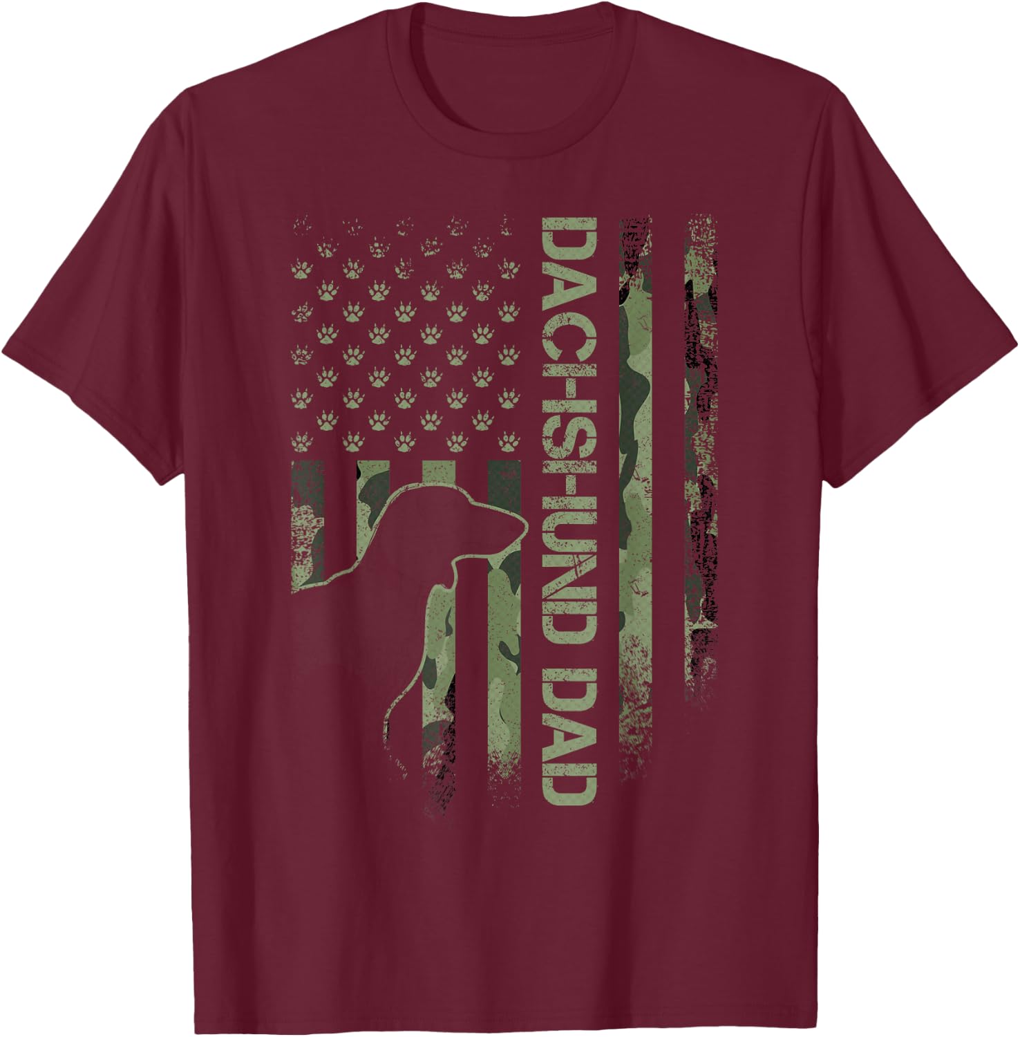Vintage USA Camo Flag Proud Dachshund Dad Wiener Silhouette T-Shirt - T-Shirt | Maroon