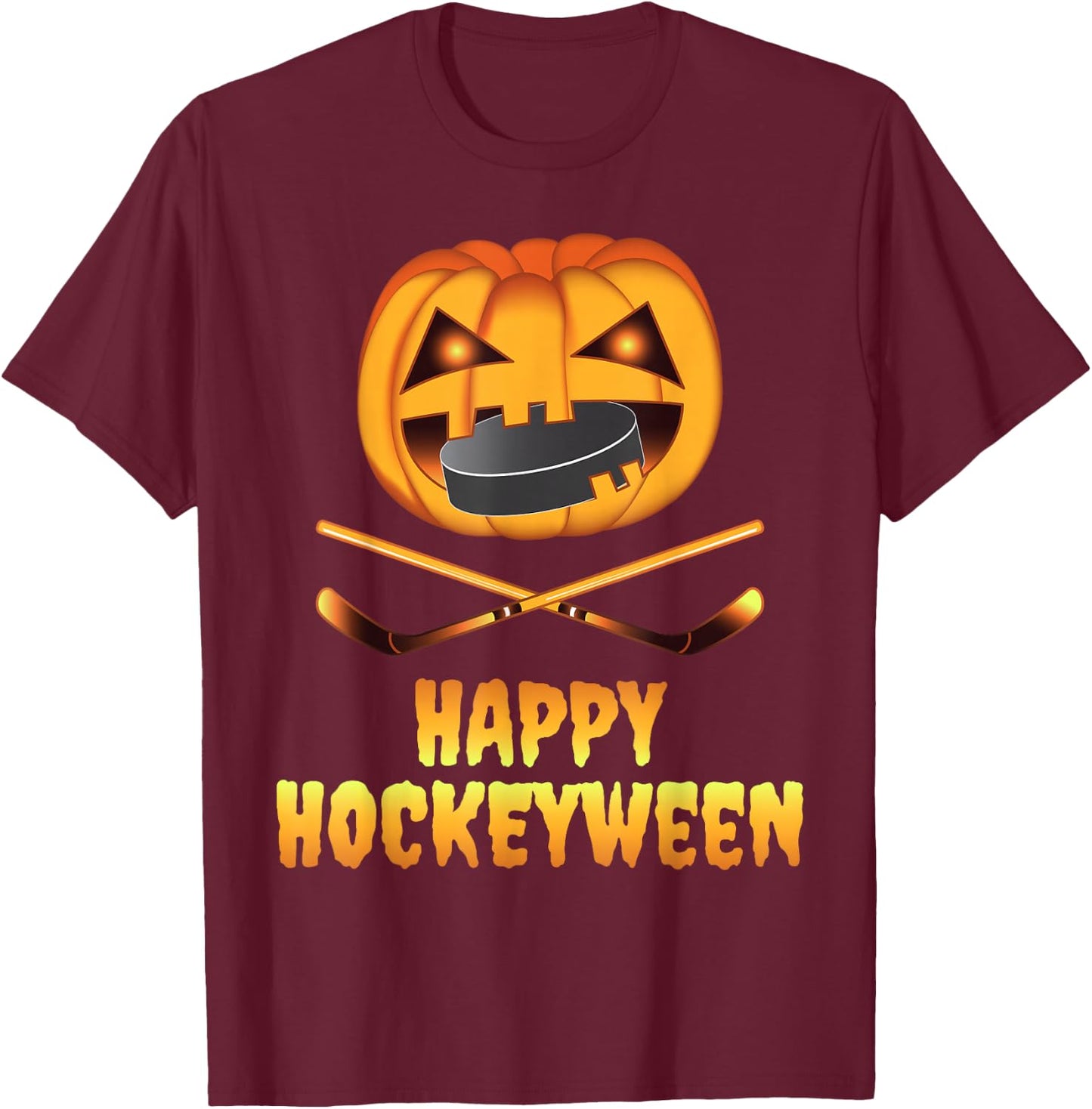 Happy Hockeyween Hockey Pumpkin Eating Puck Funny Halloween T-Shirt - T-Shirt | Maroon