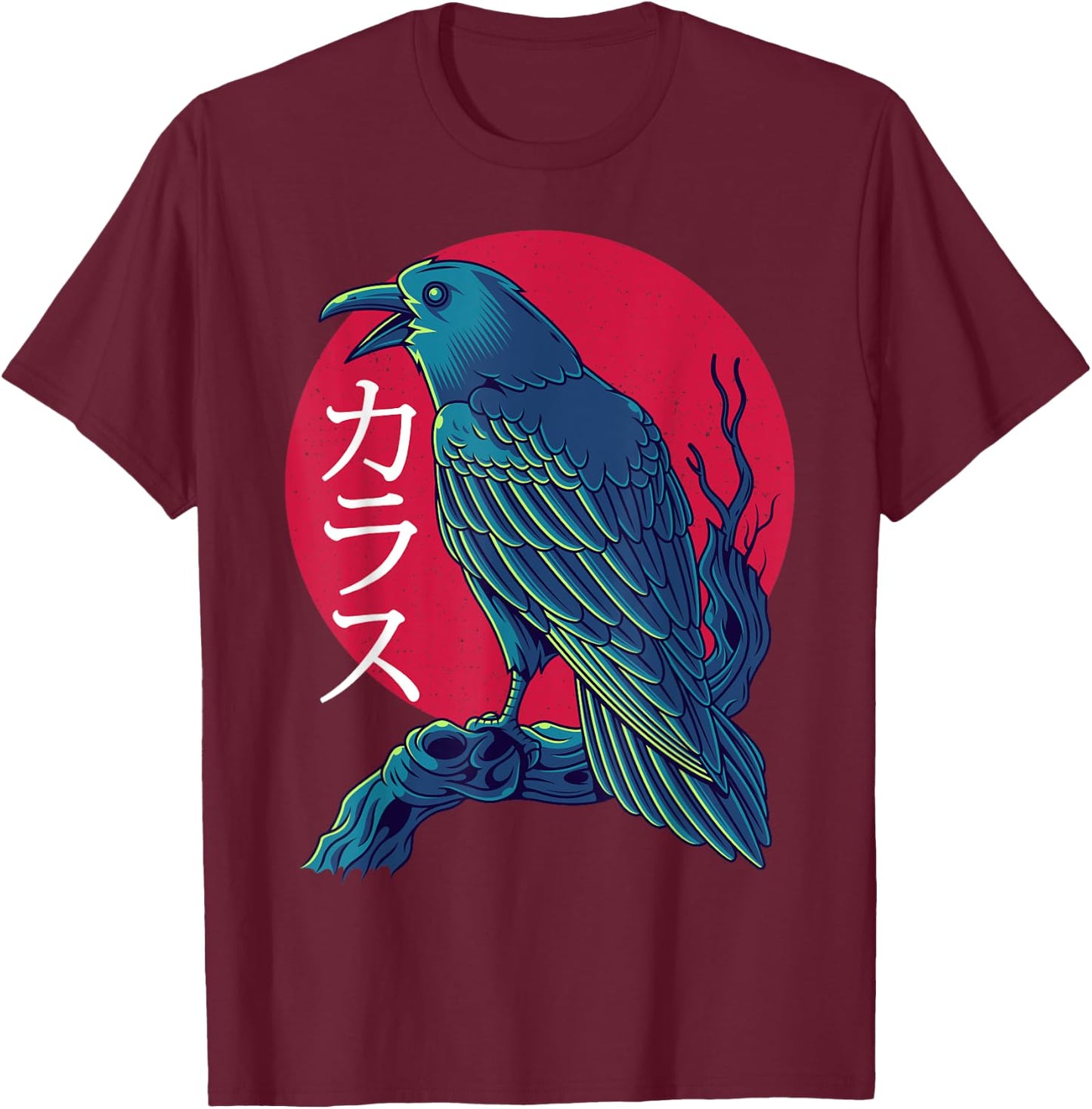 Red Moon Raven Black Crow Bird Japanese Gothic T-Shirt - T-Shirt | Maroon