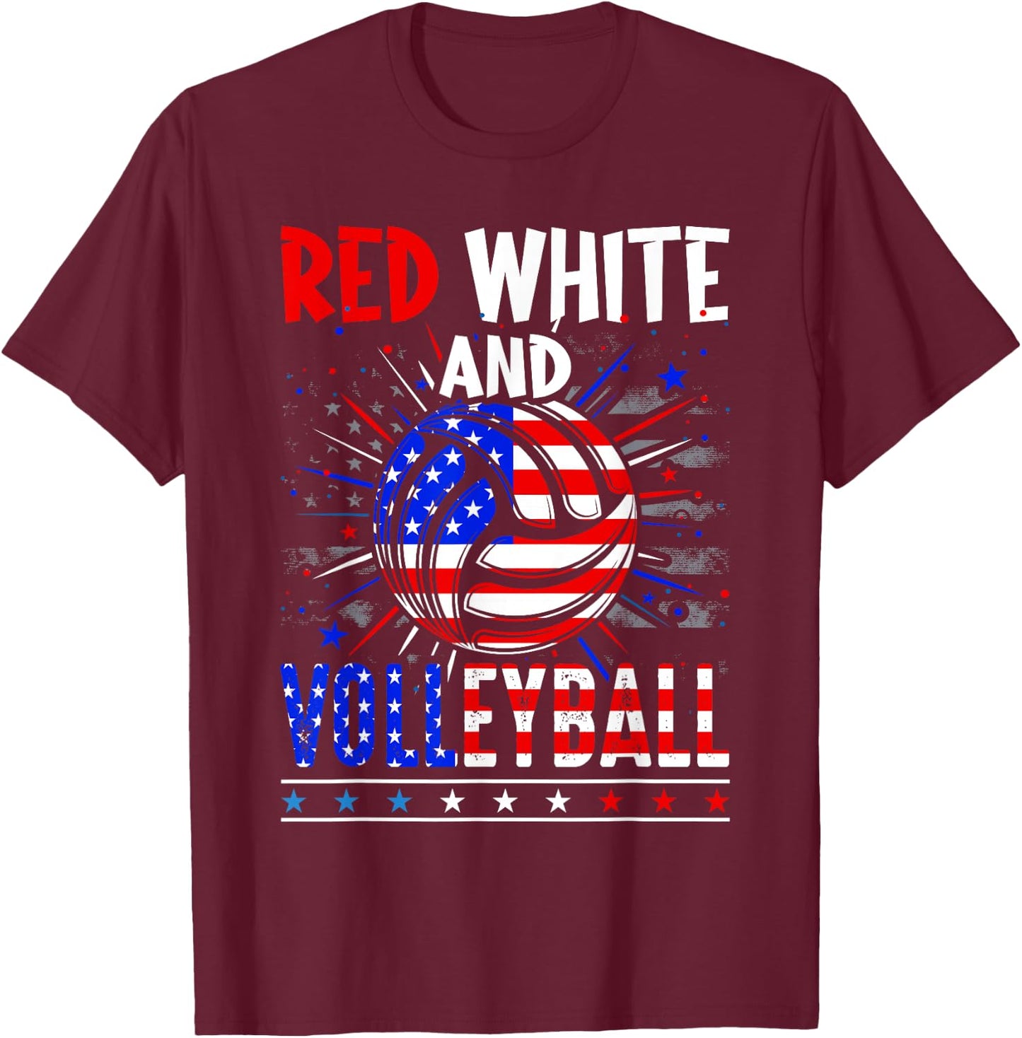Red White And Volleyball 4th Of July American Flag Player T-Shirt - T-Shirt | Maroon