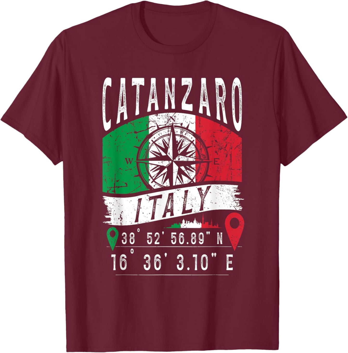 Catanzaro Italy Flag Italia GPS Coordinates Of Catanzaro T-Shirt - T-Shirt | Maroon