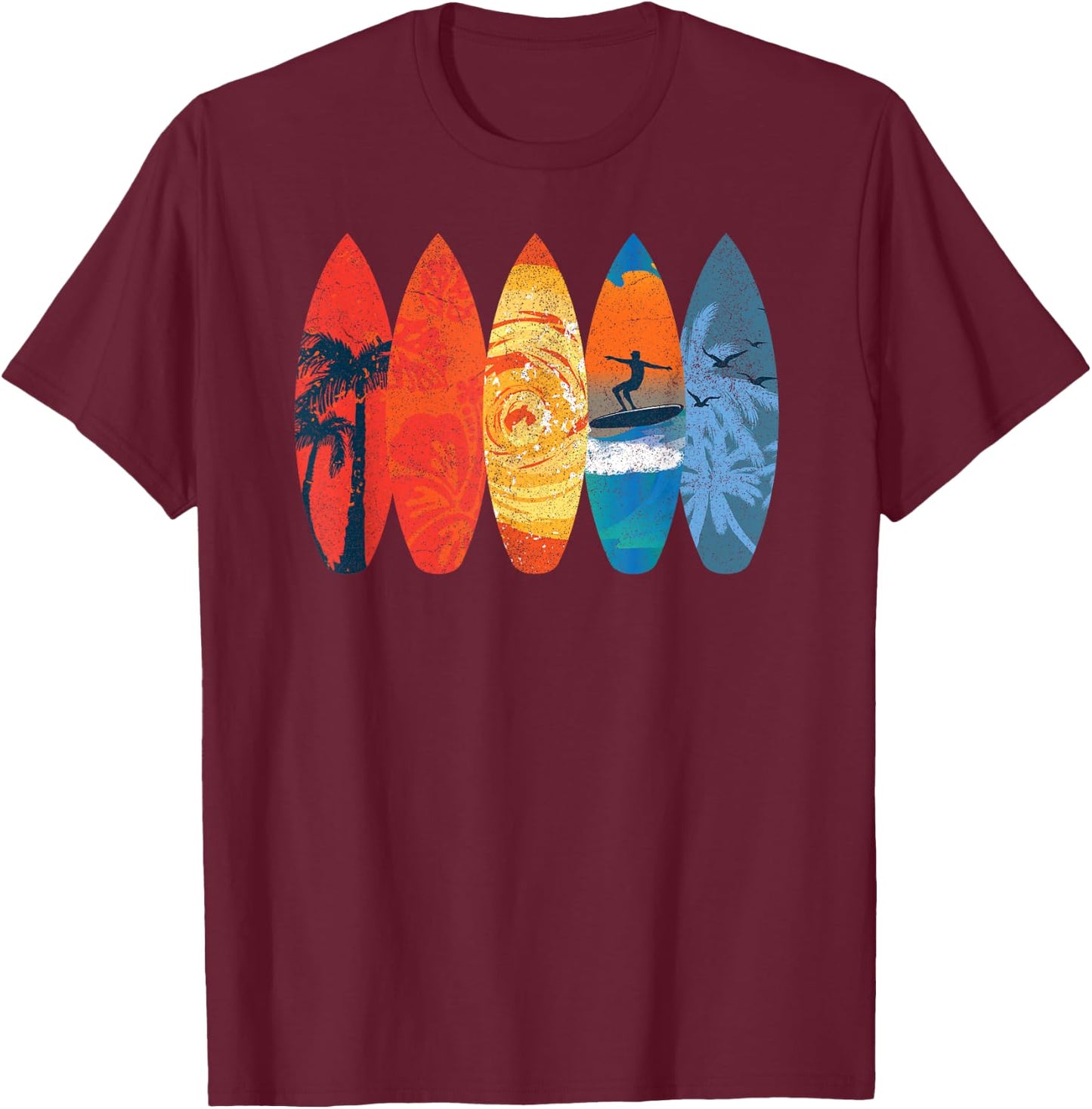 Surfing Surfer Palm Tree Surfboard Sunset Wave T-Shirt - T-Shirt | Maroon