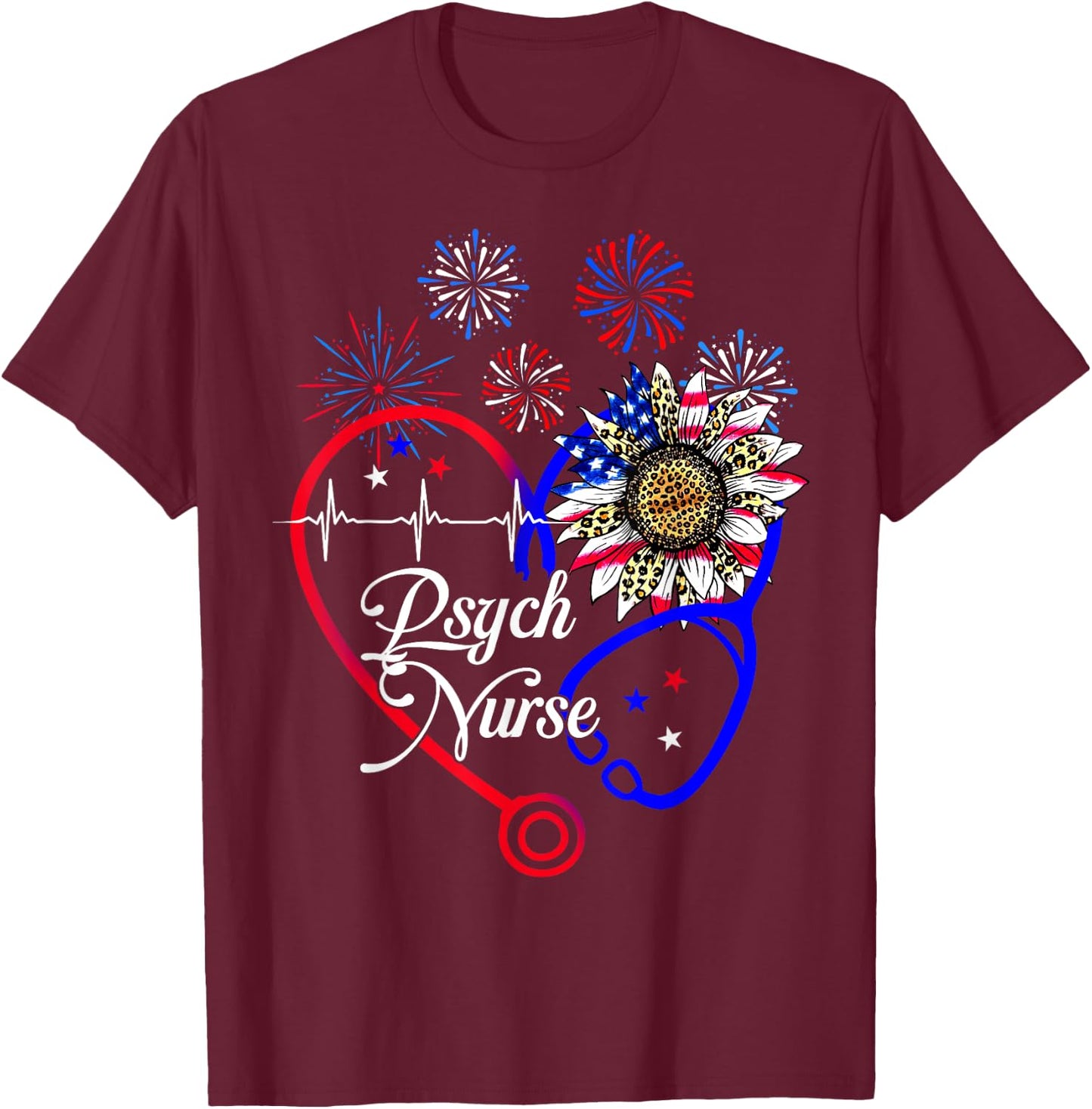 Patriotic American Psych Nurse Sunflower 4th Of July Nursing T-Shirt - T-Shirt | Maroon