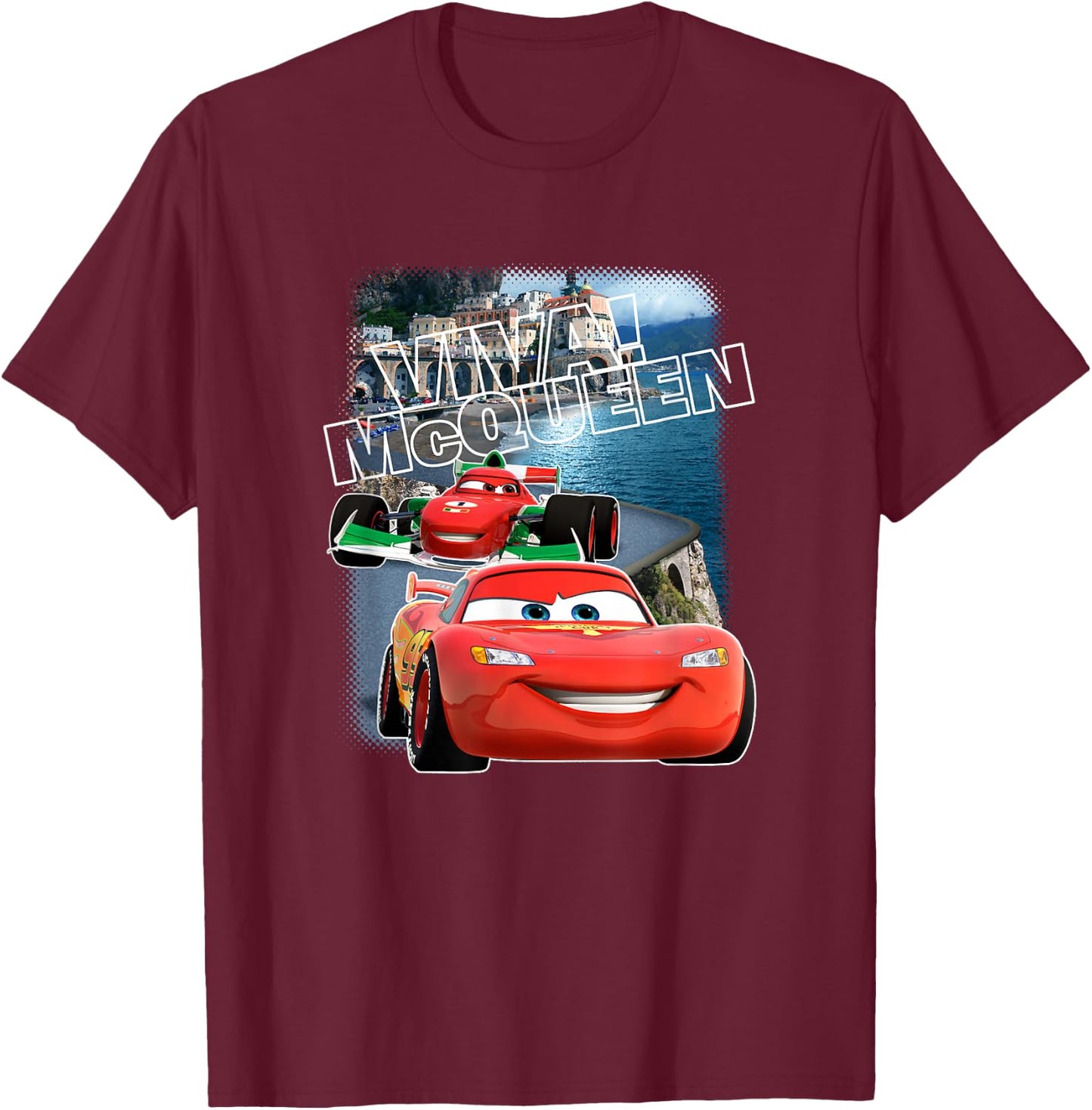 Disney Pixar Cars 2 Viva McQueen Italy Race Poster T-Shirt - T-Shirt | Maroon