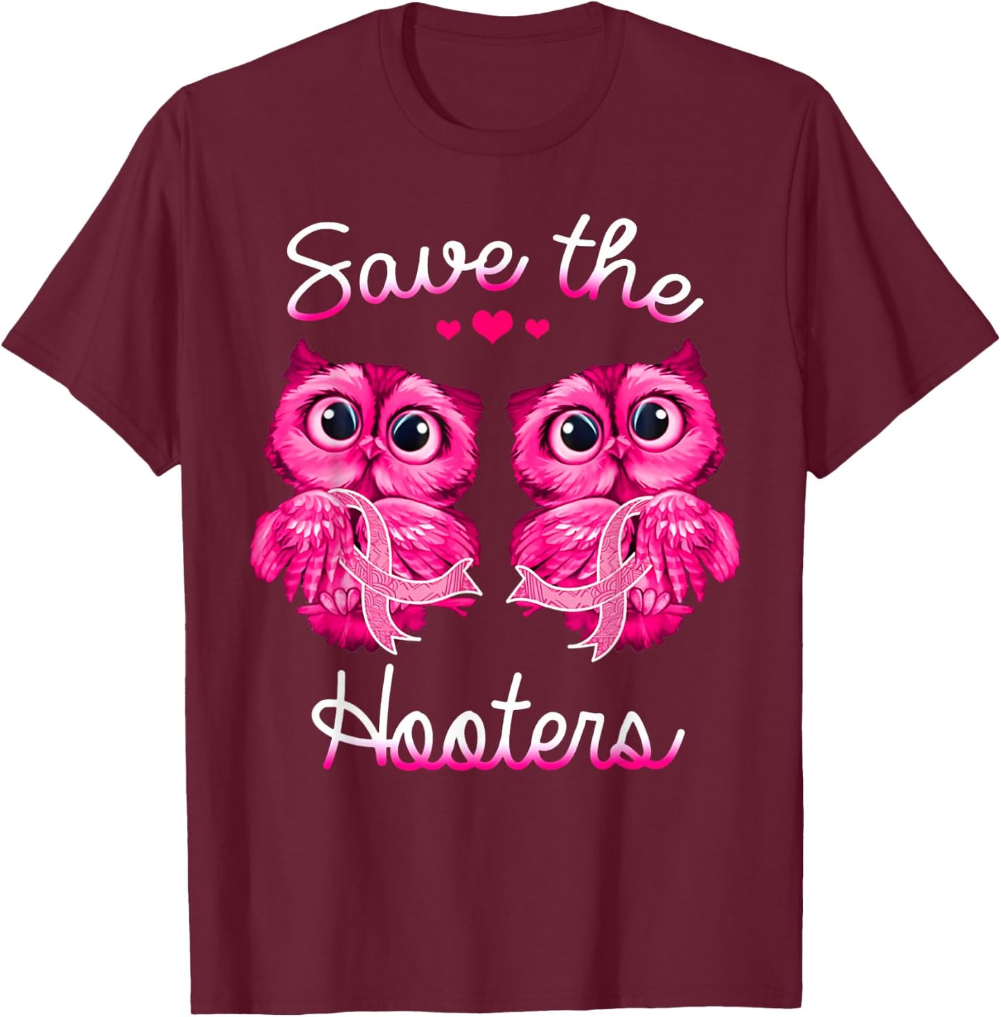 Owl Breast Cancer Awareness Save The Hooters T-Shirt - T-Shirt | Maroon