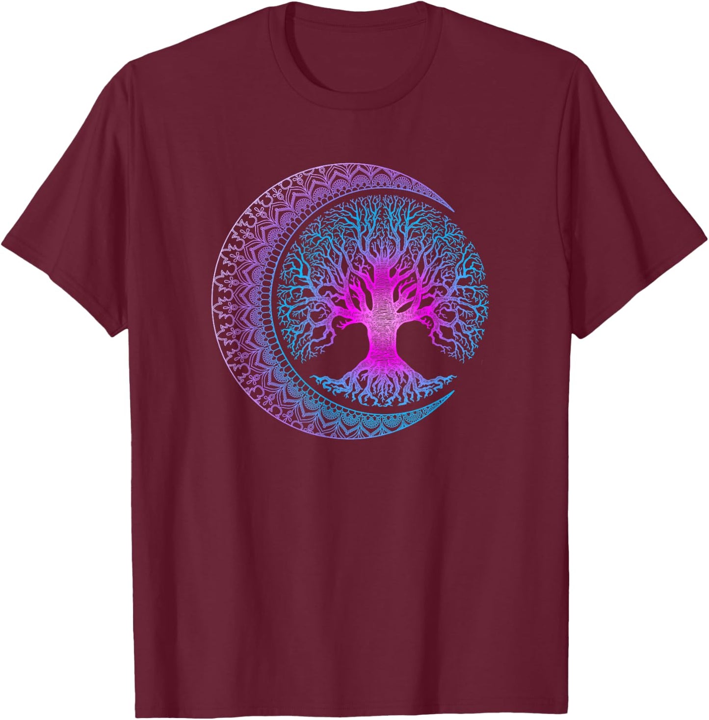 Tree of Life Cresent Moon Phases Mandala Yoga Gift T-Shirt - T-Shirt | Maroon