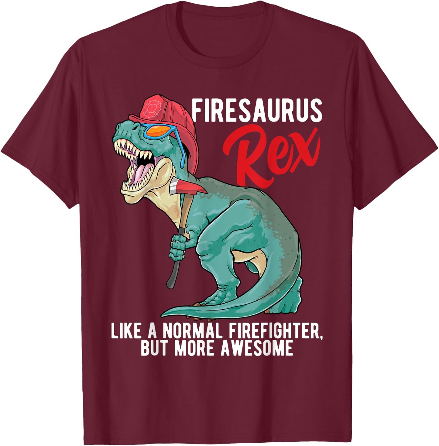 Firefighter T Rex Firesarus Rex Dinosaur Fireman Boys Kids T-Shirt - T-Shirt | Maroon