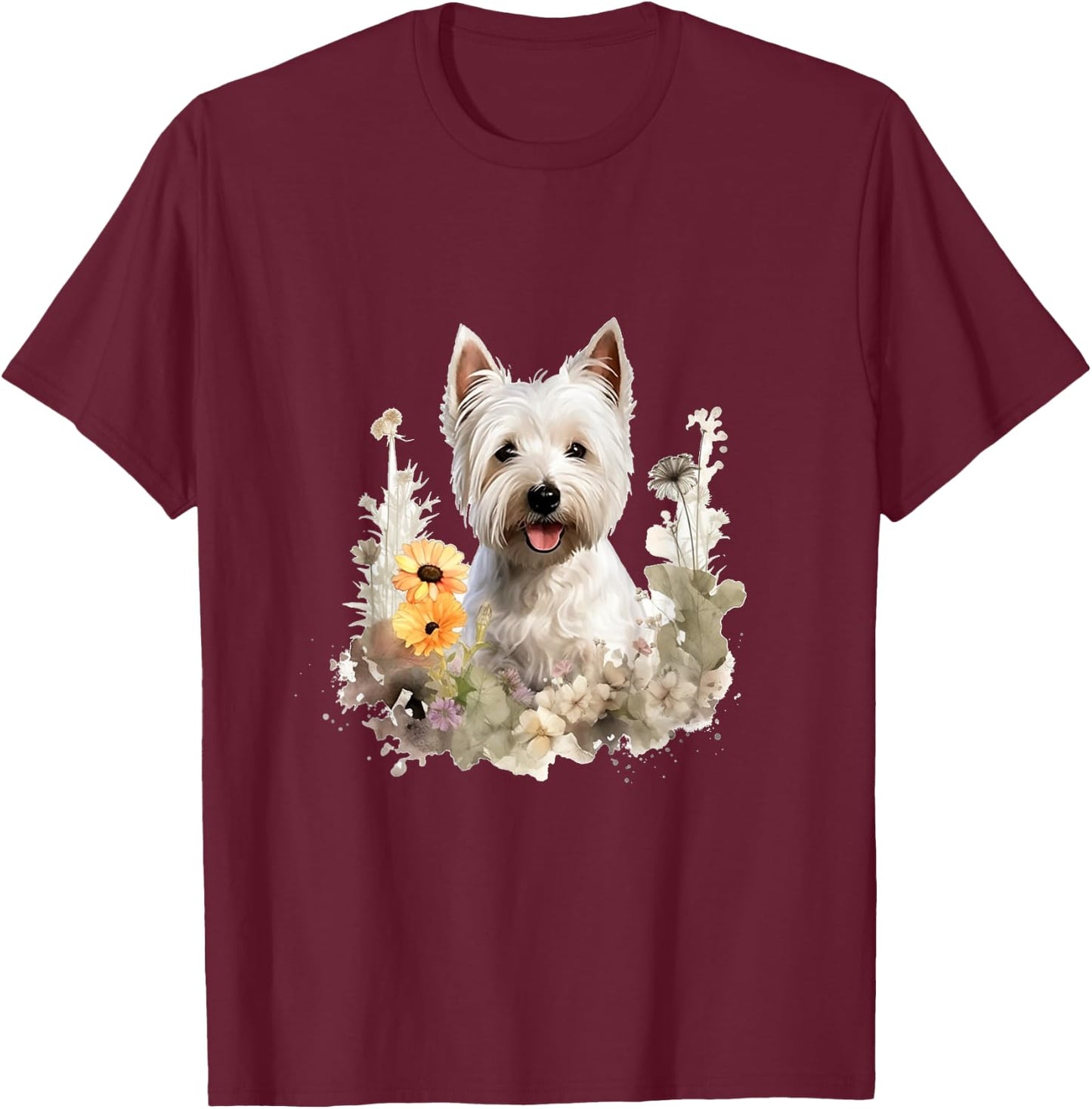 West Highland White Terrier Dog With Flowers Pastel Floral Men Women Girls Kids T-Shirt - T-Shirt | Maroon