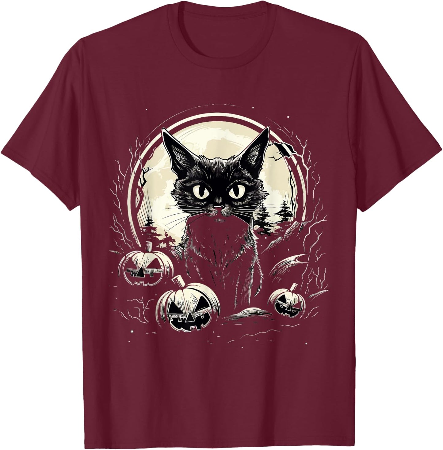 Halloween Black Cat Witch Pumpkins Men Women Kids Black T-Shirt - T-Shirt | Maroon
