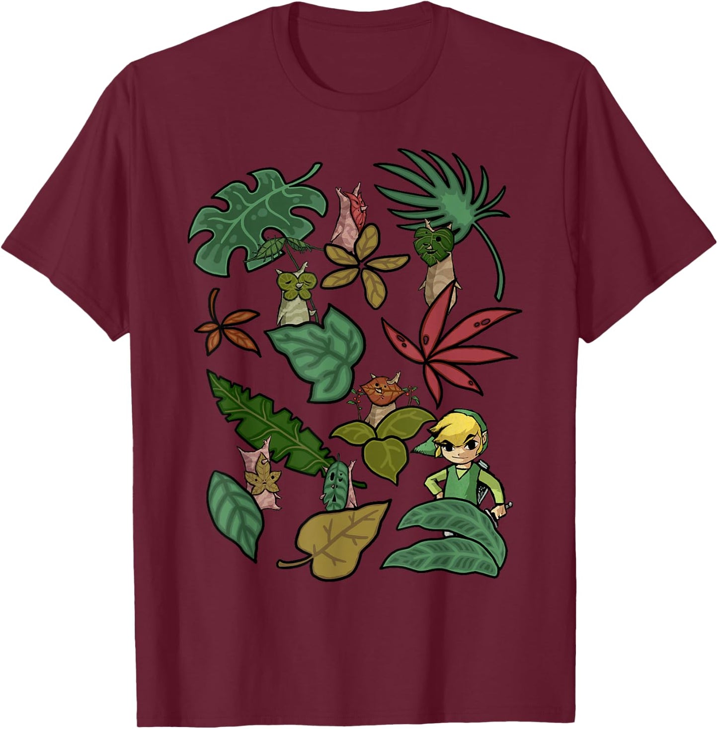 The Legend of Zelda: The Wind Waker Link Plant Life Jumble T-Shirt - T-Shirt | Maroon
