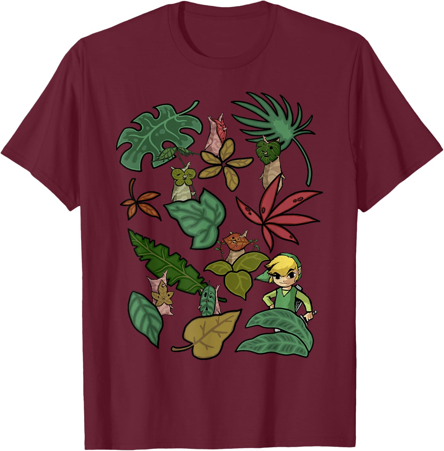 The Legend of Zelda: The Wind Waker Link Plant Life Jumble T-Shirt - T-Shirt | Maroon