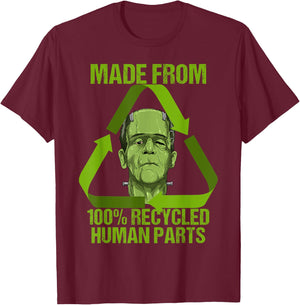 Frankenstein Made from 100% Recycled Human Parts Halloween Small T-Shirt - T-Shirt | Maroon