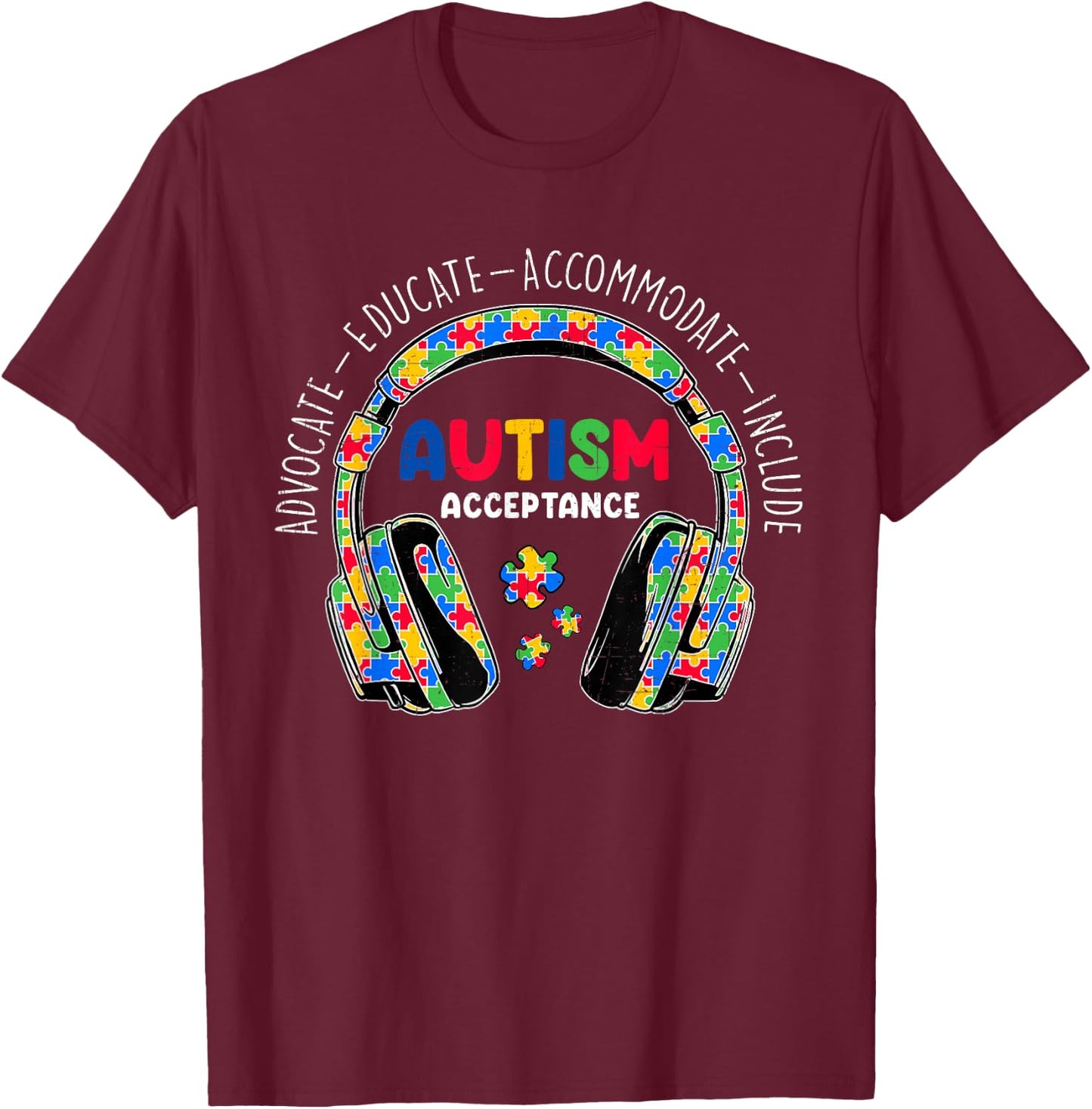 Autism Awareness Acceptance Headphones Teacher Boys Kids T-Shirt - T-Shirt | Maroon