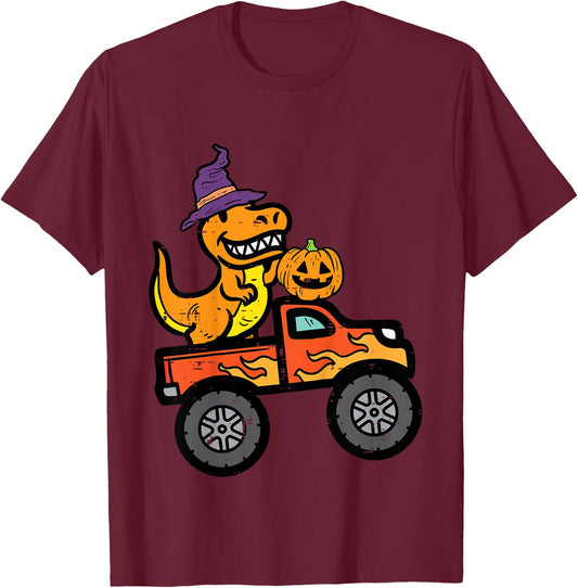 Kids Halloween Monster Truck Dino Trex Costume Boys Kids Toddler T-Shirt - T-Shirt | Maroon