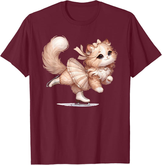 Girl Who Loves Cats And Ice Skating Cat Ice Skating T-Shirt - T-Shirt | Maroon