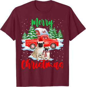 Merry Christmas Santa Pug And Truck Dog Gift Women Kids T-Shirt - T-Shirt | Maroon