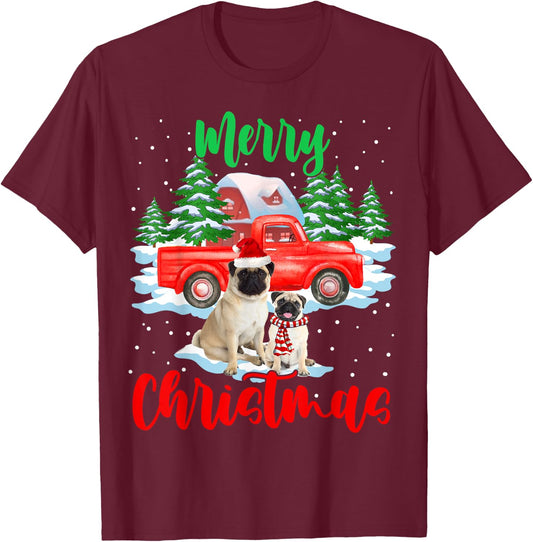 Merry Christmas Santa Pug And Truck Dog Gift Women Kids T-Shirt - T-Shirt | Maroon