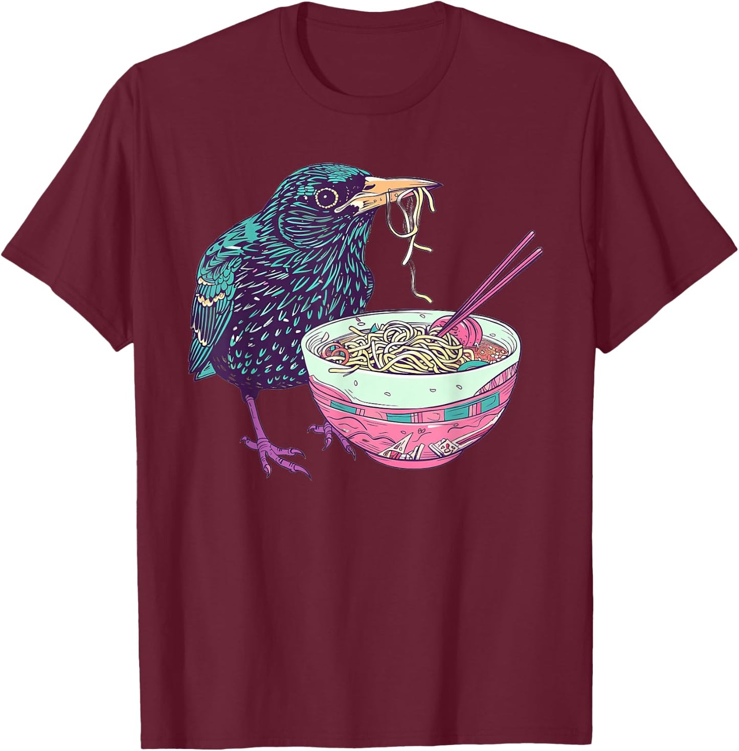 Starling Eating Ramen T-Shirt - T-Shirt | Maroon