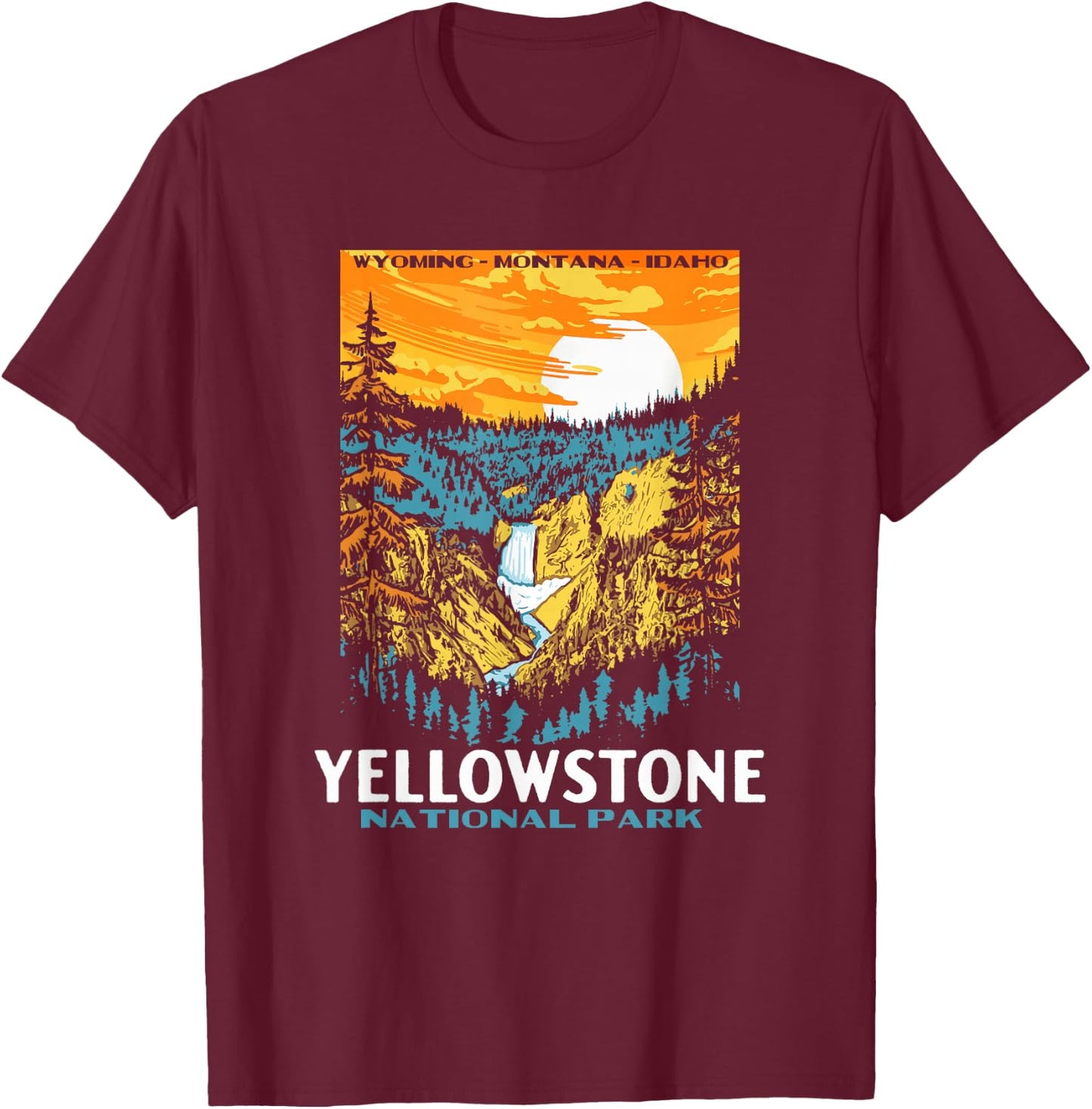 Retro Yellowstone National Park WPA Style Lower Falls T-Shirt - T-Shirt | Maroon