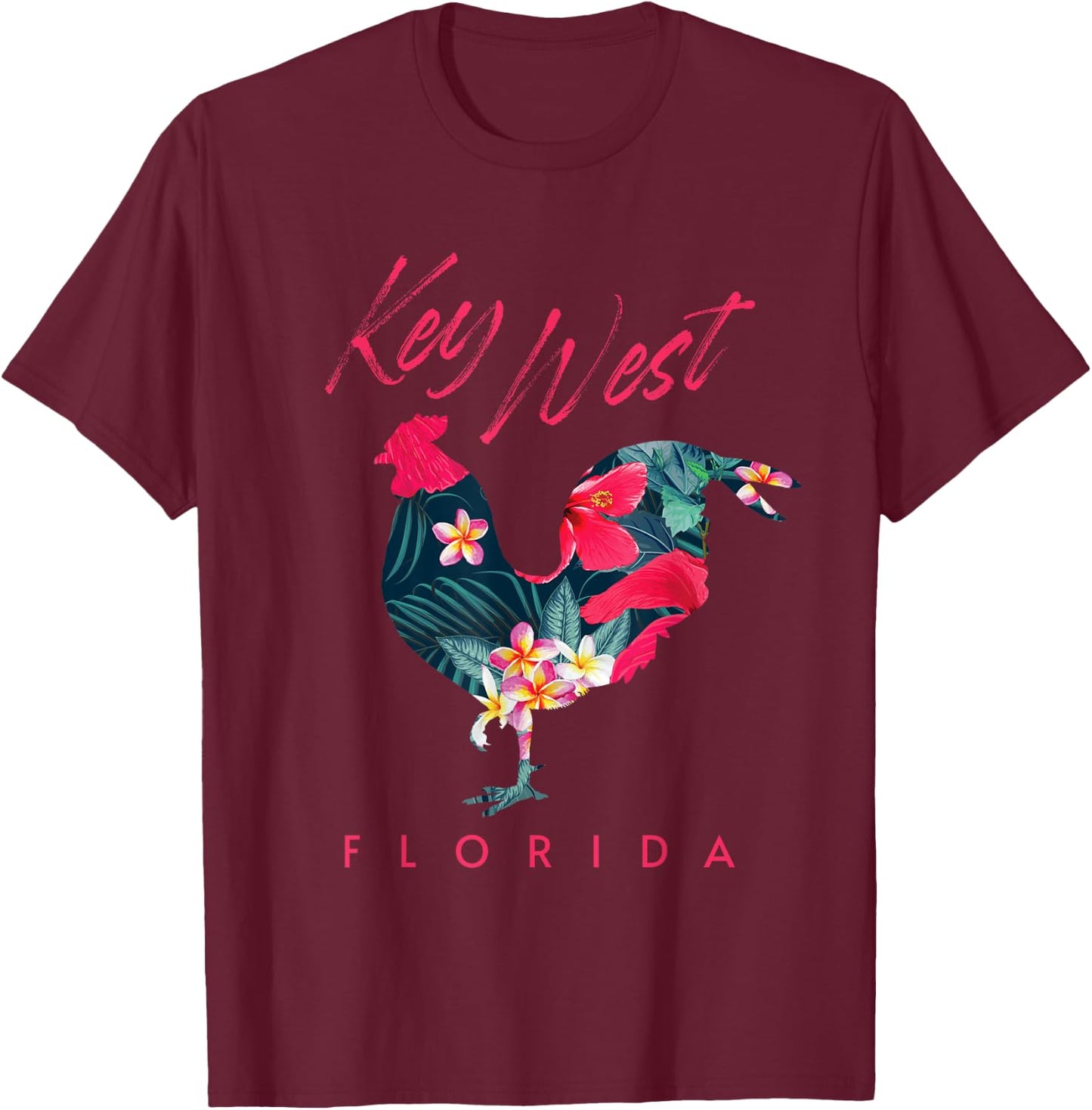Key West Florida Chicken Lover Flower Hibiscus Souvenir T-Shirt - T-Shirt | Maroon
