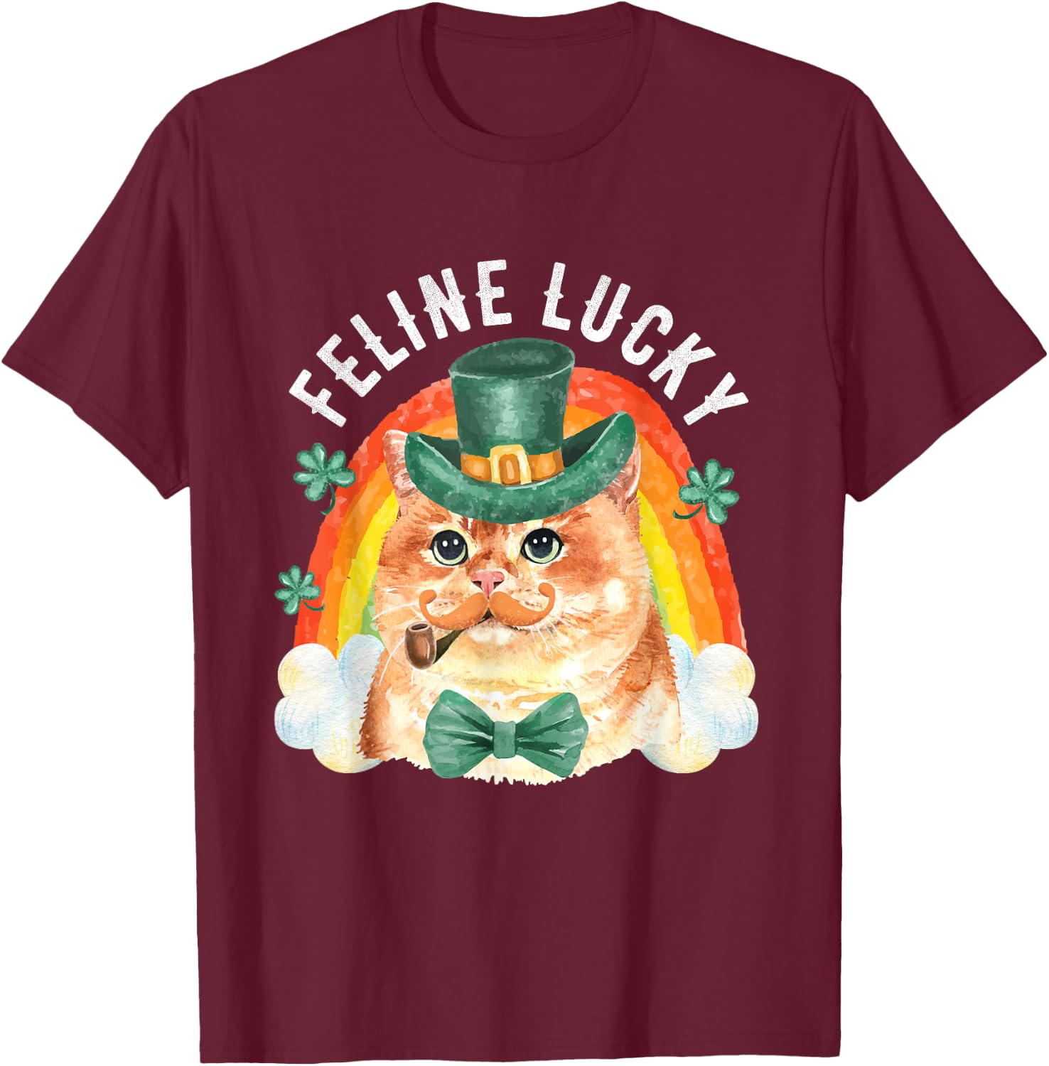 Feline Lucky St Patricks Day Funny Leprechaun Cat Rainbow T-Shirt - T-Shirt | Maroon