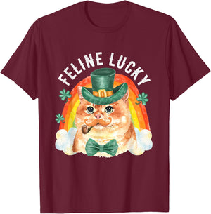 Feline Lucky St Patricks Day Funny Leprechaun Cat Rainbow T-Shirt - T-Shirt | Maroon