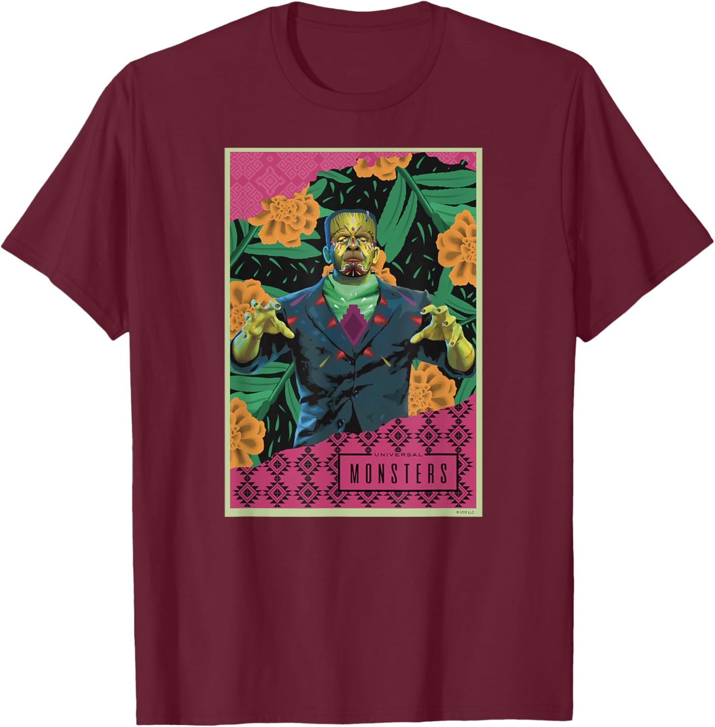 Universal Monsters Frankenstein Día De Los Muertos T-Shirt - T-Shirt | Maroon