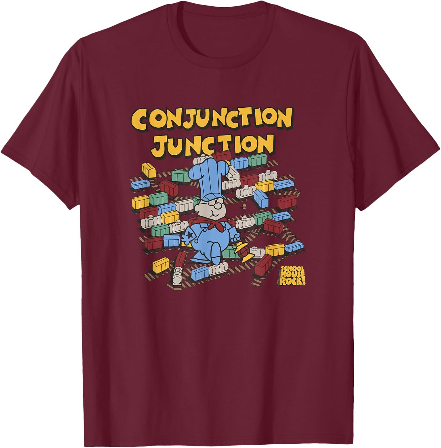 Schoolhouse Rock Conjunction Junction Train Conductor Retro T-Shirt - T-Shirt | Maroon