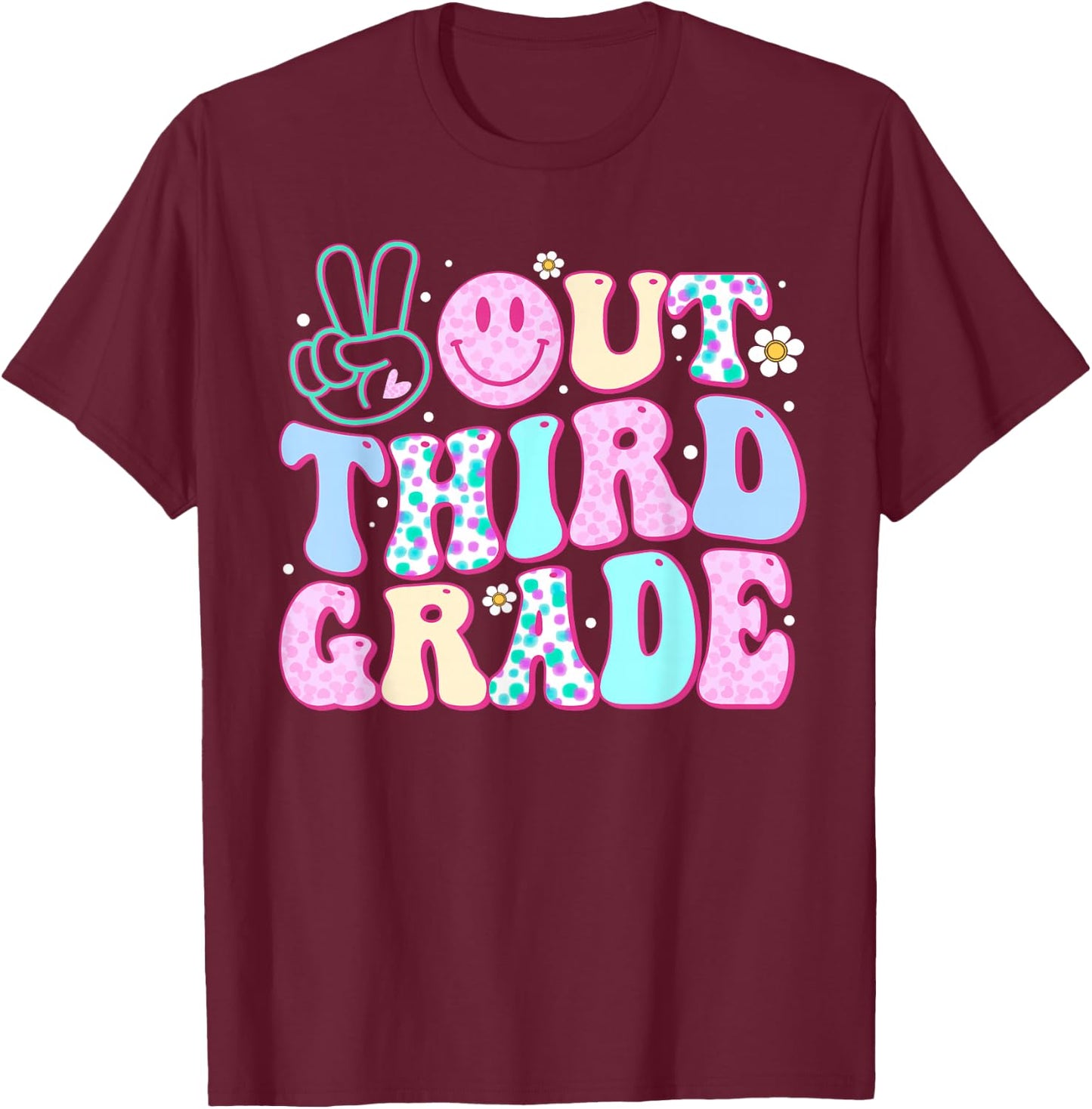 Peace Out Third Grade Last Day Of School Groovy Boys Girls T-Shirt - T-Shirt | Maroon