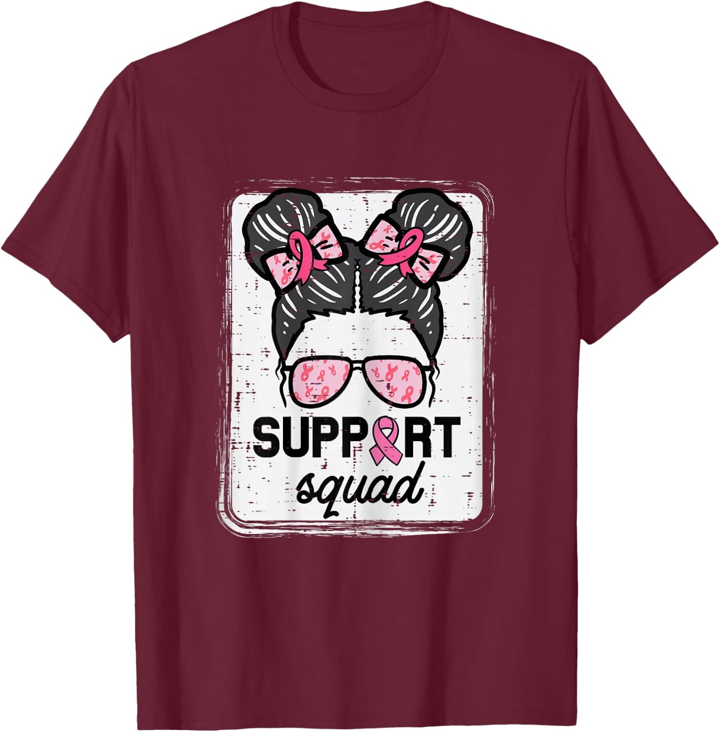 Breast Cancer Support Squad Bun Awareness Girls Kids Youth T-Shirt - T-Shirt | Maroon