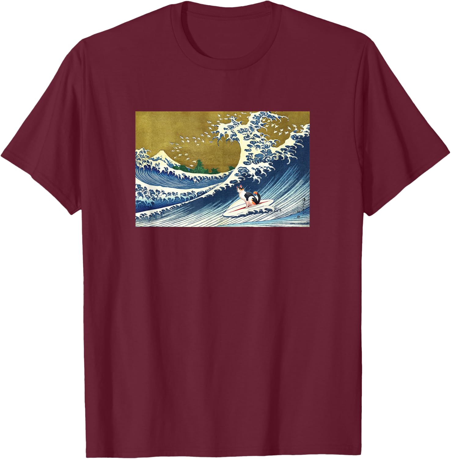 Retro Vintage Surfing a Wave Calico Cat Lover T-Shirt - T-Shirt | Maroon