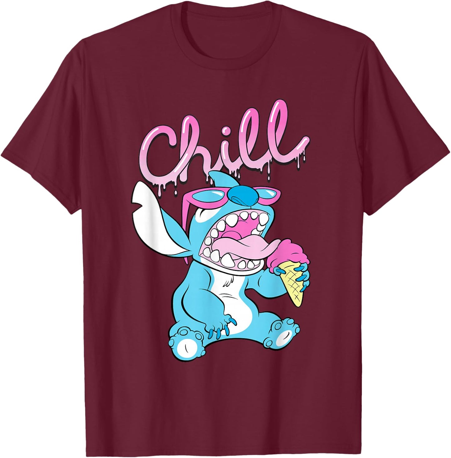 Disney Lilo and Stitch Neon Ice Cream Chill Drip T-Shirt - T-Shirt | Maroon