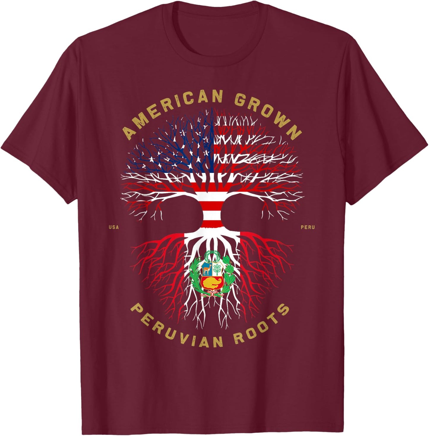 American Grown with Peruvian Roots Tree USA Flag Gifts T-Shirt - T-Shirt | Maroon