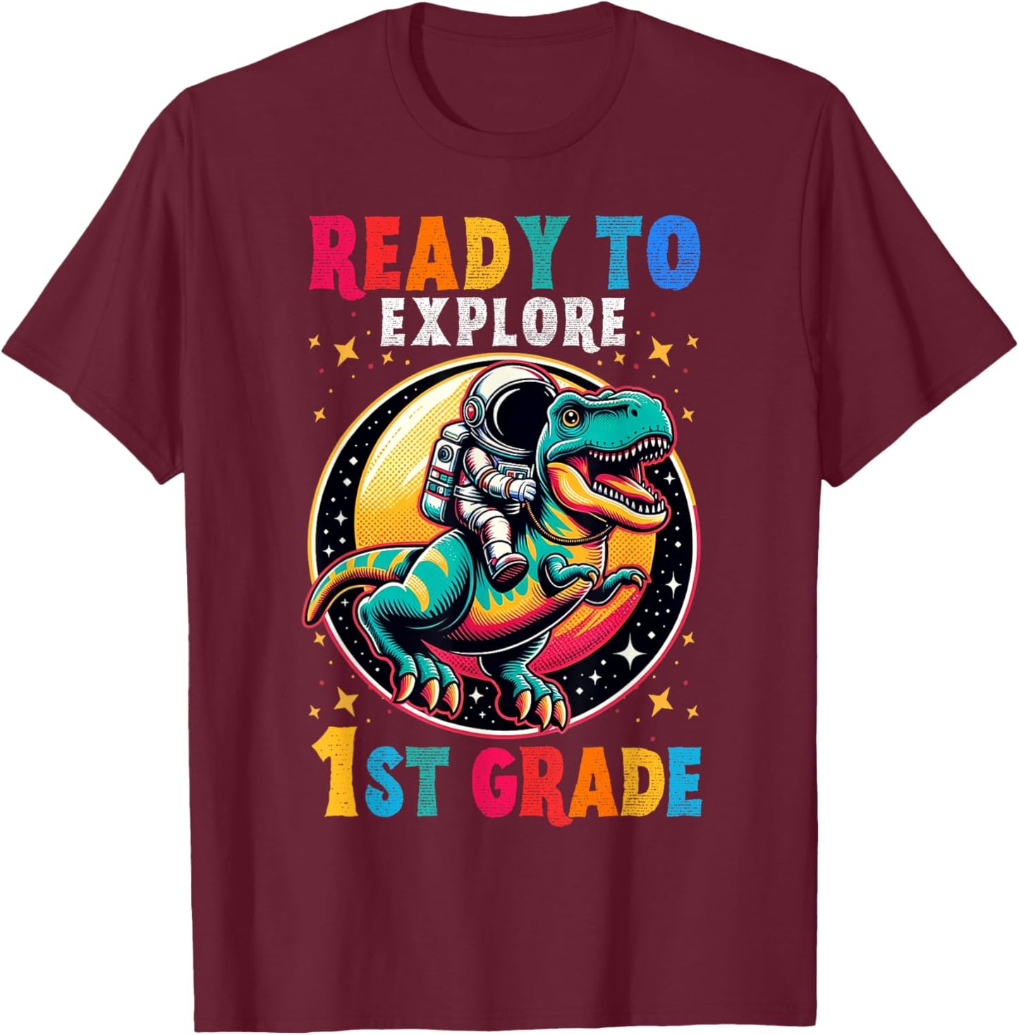 First day back to School 1st grade Astronaut Dinosaur boys T-Shirt - T-Shirt | Maroon