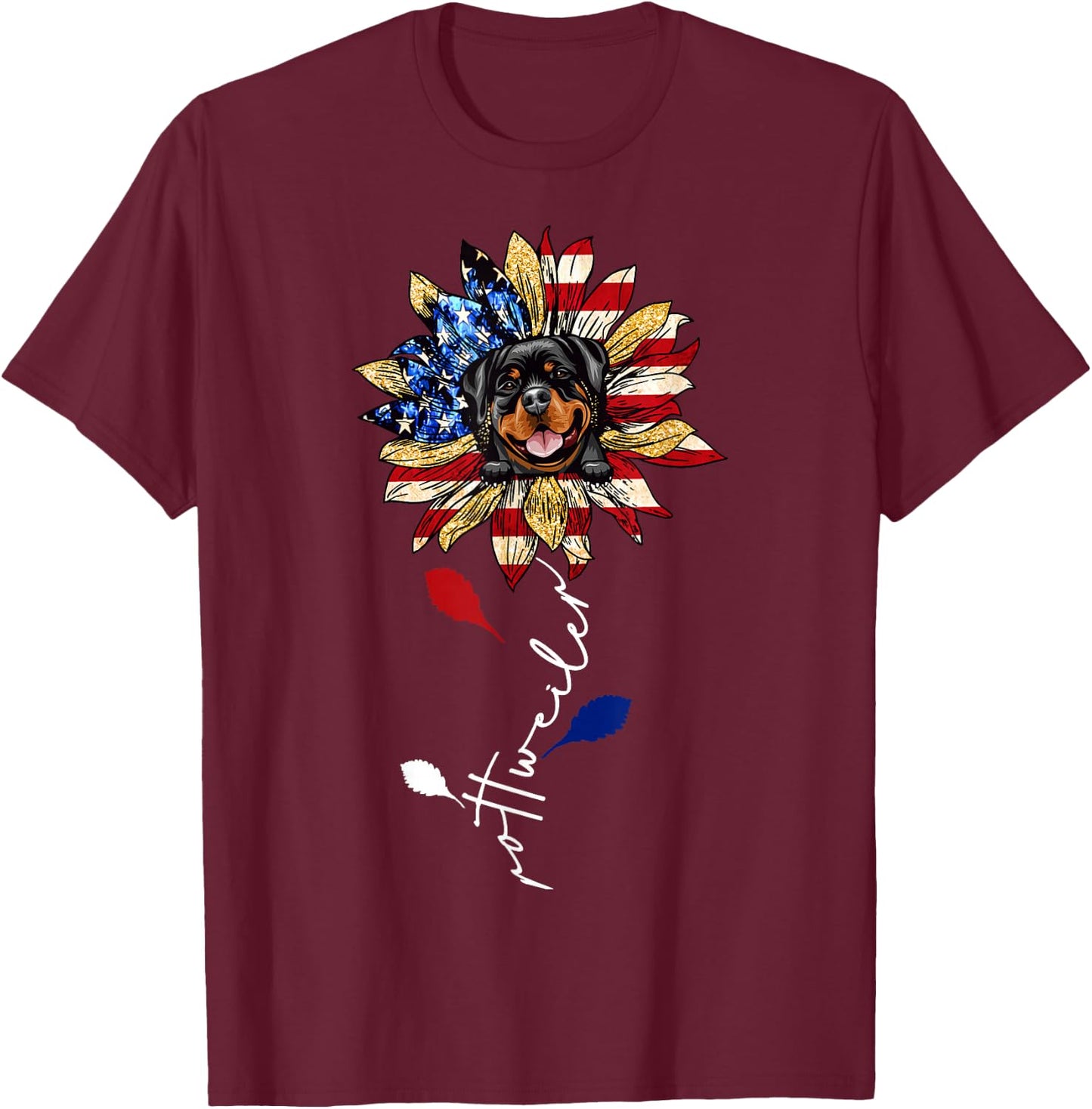 Rottweiler Sunflower American Flag 4th of July Funny T-Shirt - T-Shirt | Maroon